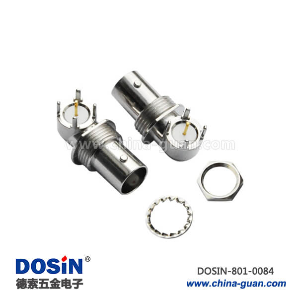 BNC接口鋅合金母頭彎頭4腳射頻同軸連接器PCB板端