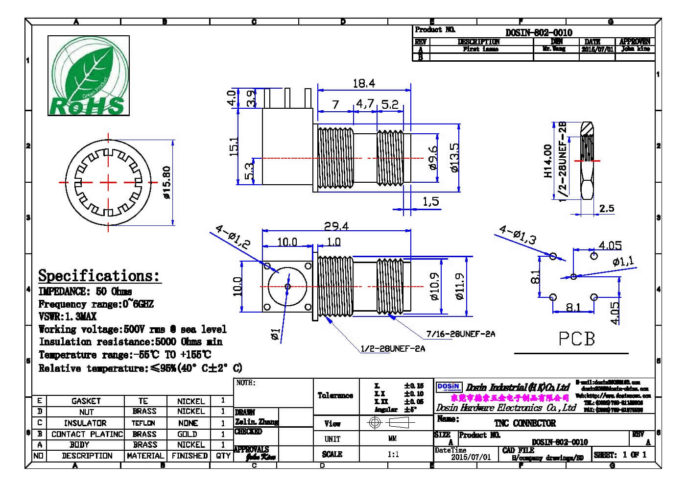 pcb板電子連接器方形5引腳母頭彎角穿墻式tnc連接器