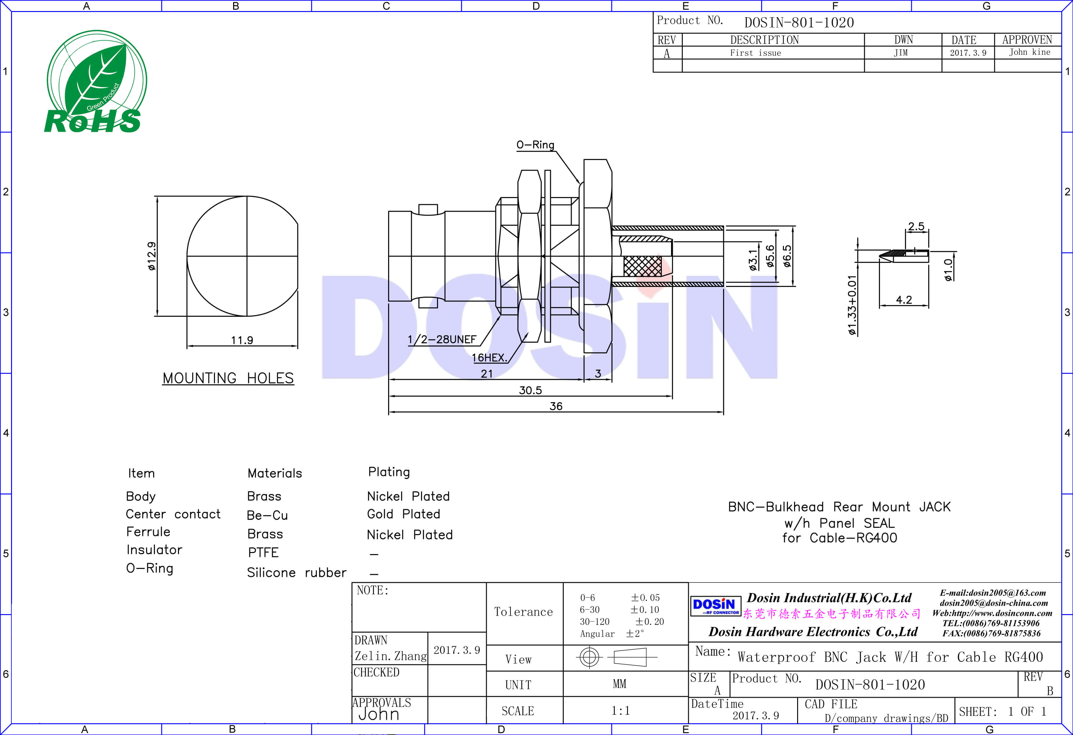 bnc母頭焊線式防水穿墻直式射頻同軸電纜連接器