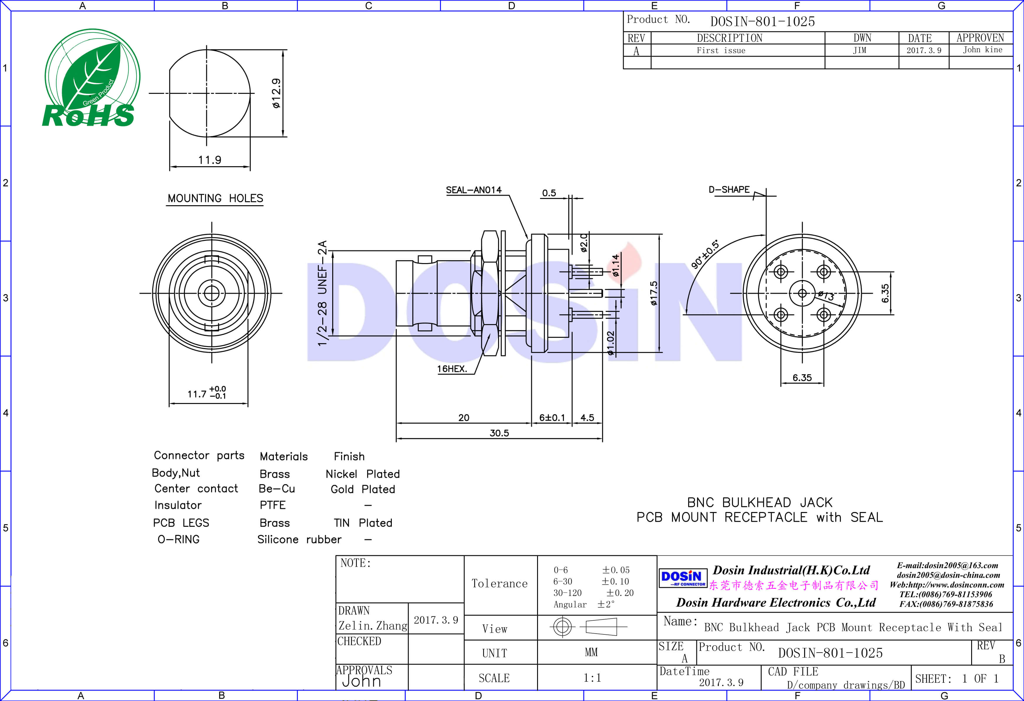 BNC直式穿墻射頻同軸直式母頭連接器