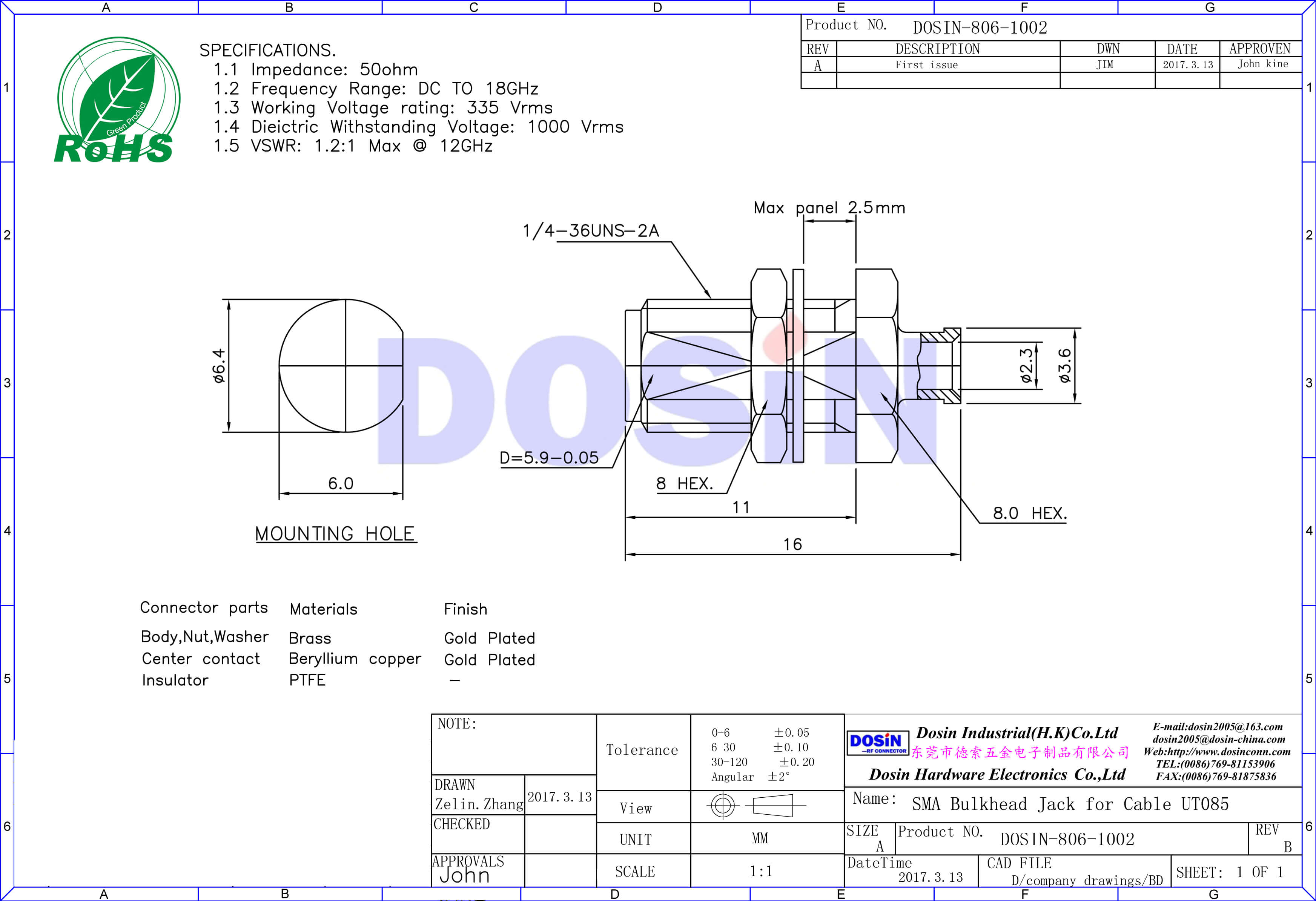 sma 射頻同軸連接器直式穿墻式母頭接線UT085