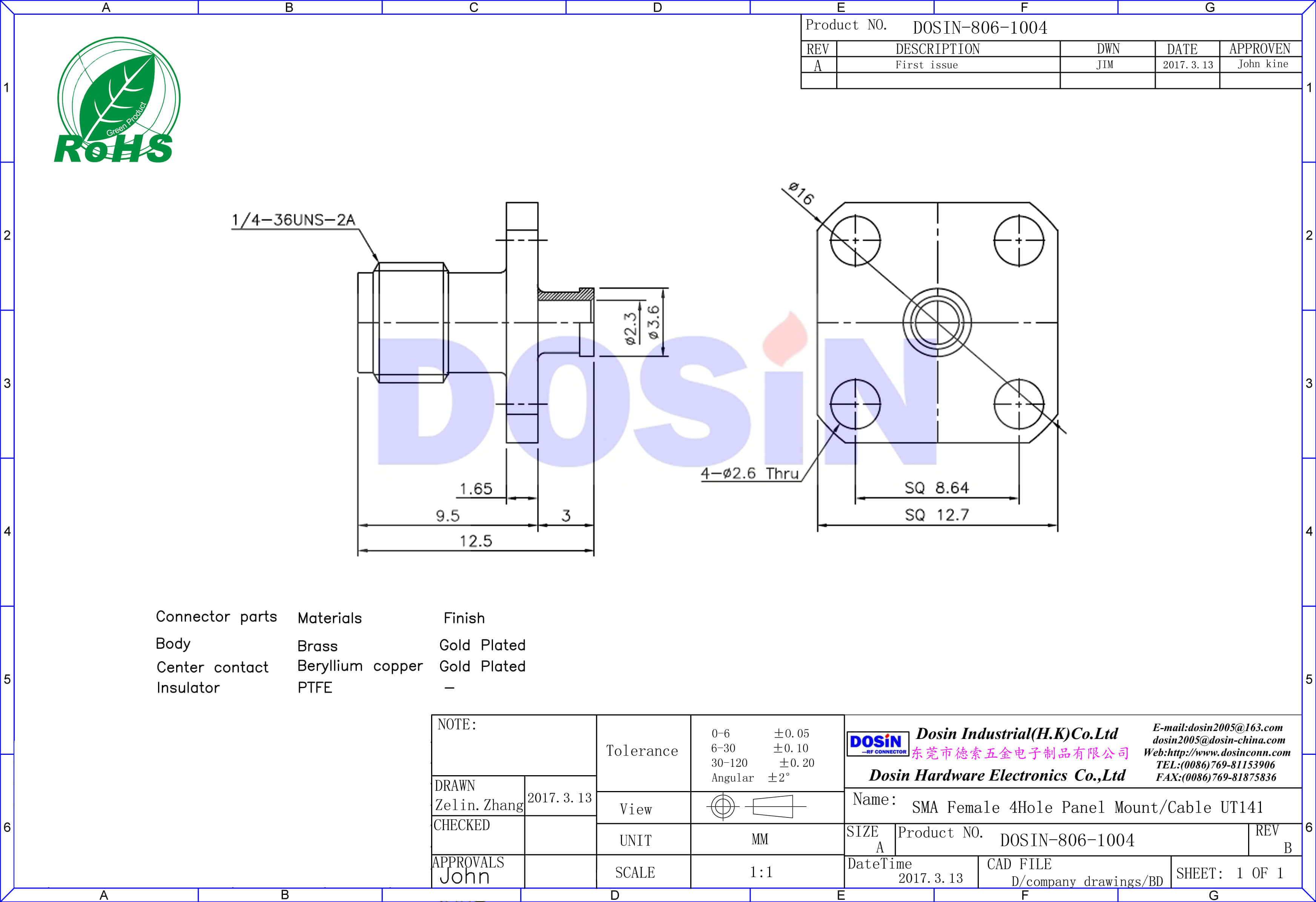 sma 連接器 母頭4孔方形法蘭座 同軸線纜UT141