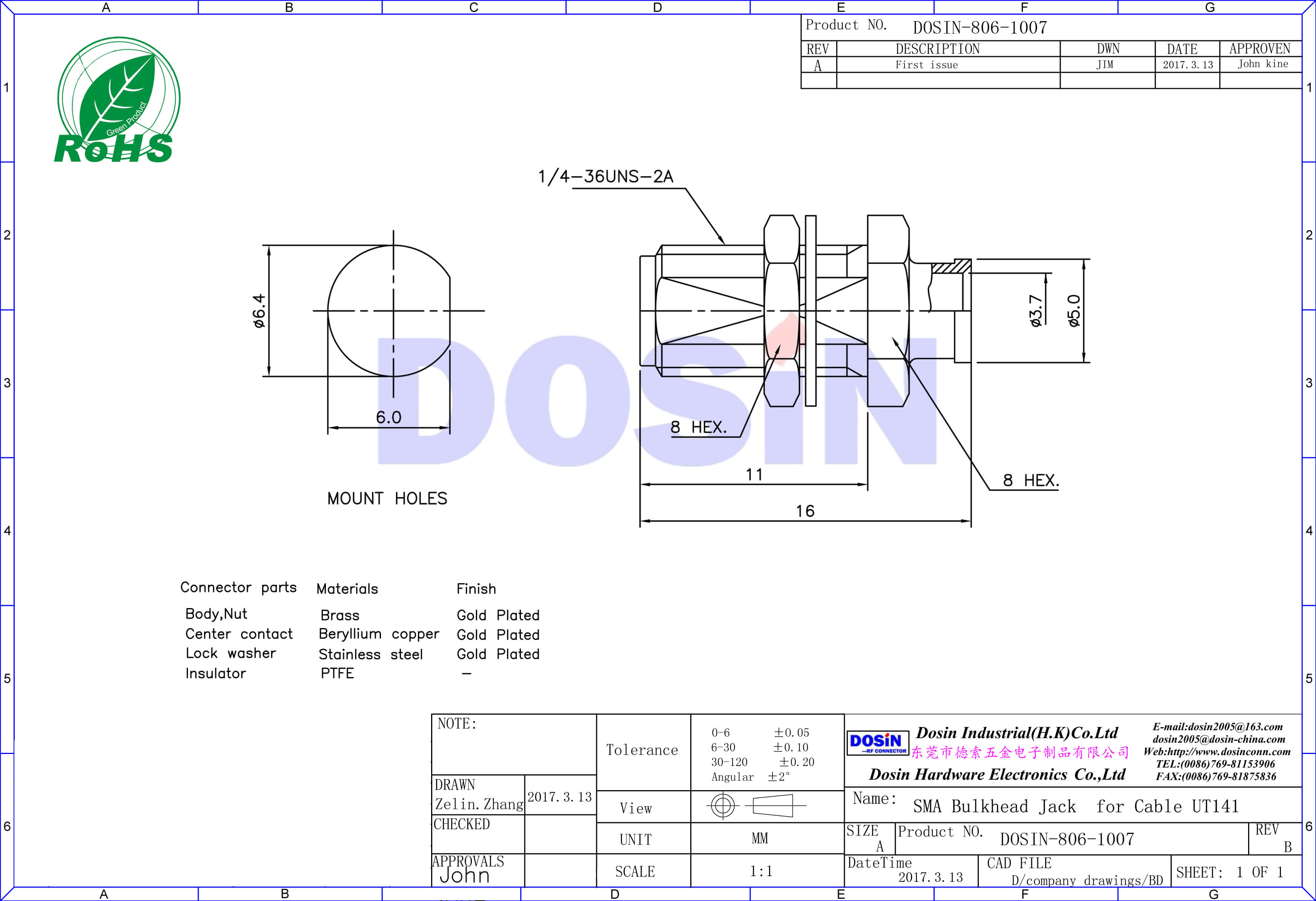 sma同軸連接器RF射頻穿墻直式母頭焊接線纜UT141