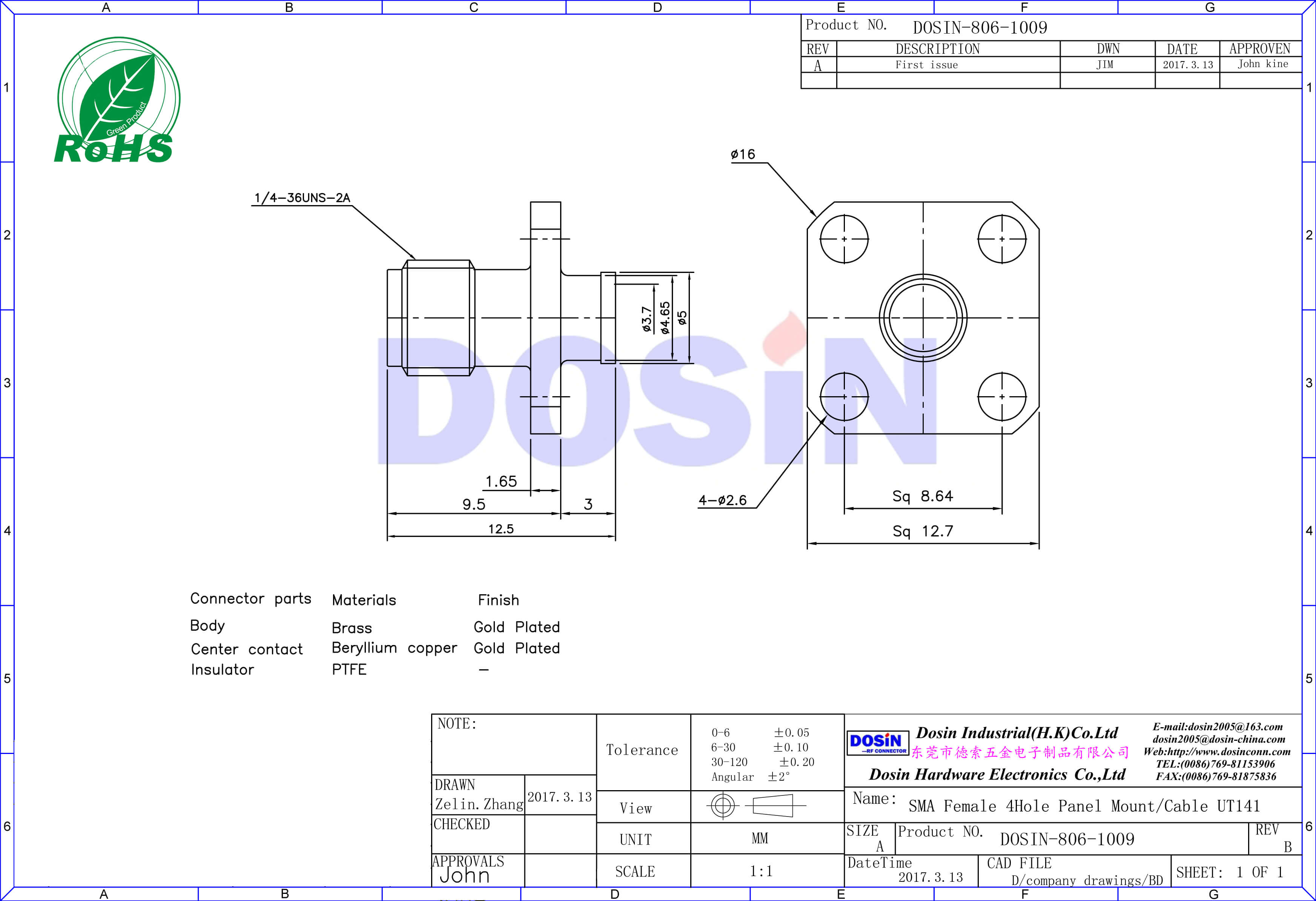 SMA直式法蘭盤4孔母頭面板安裝