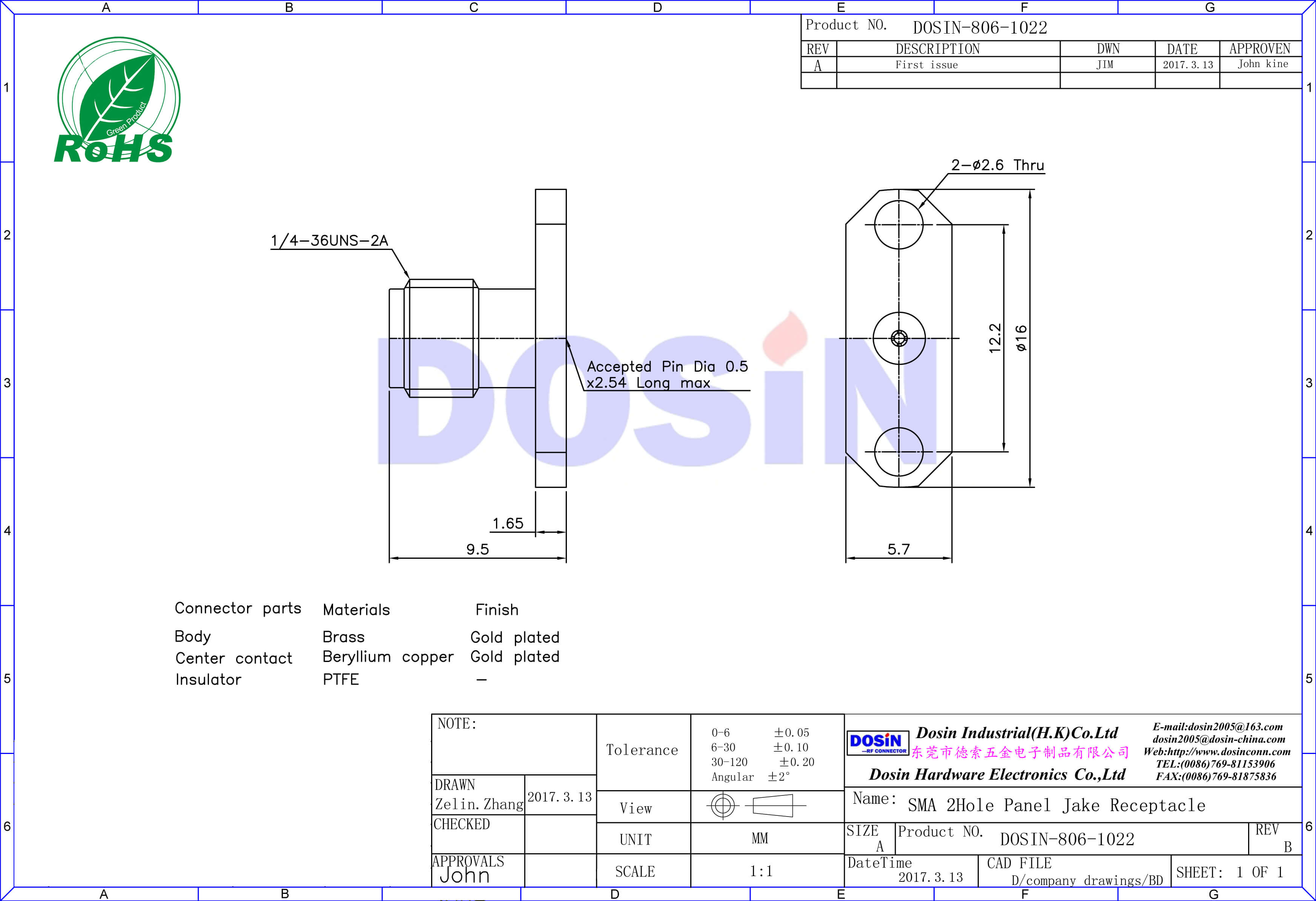 sma連接器,直式,母頭,2孔法蘭,面板安裝
