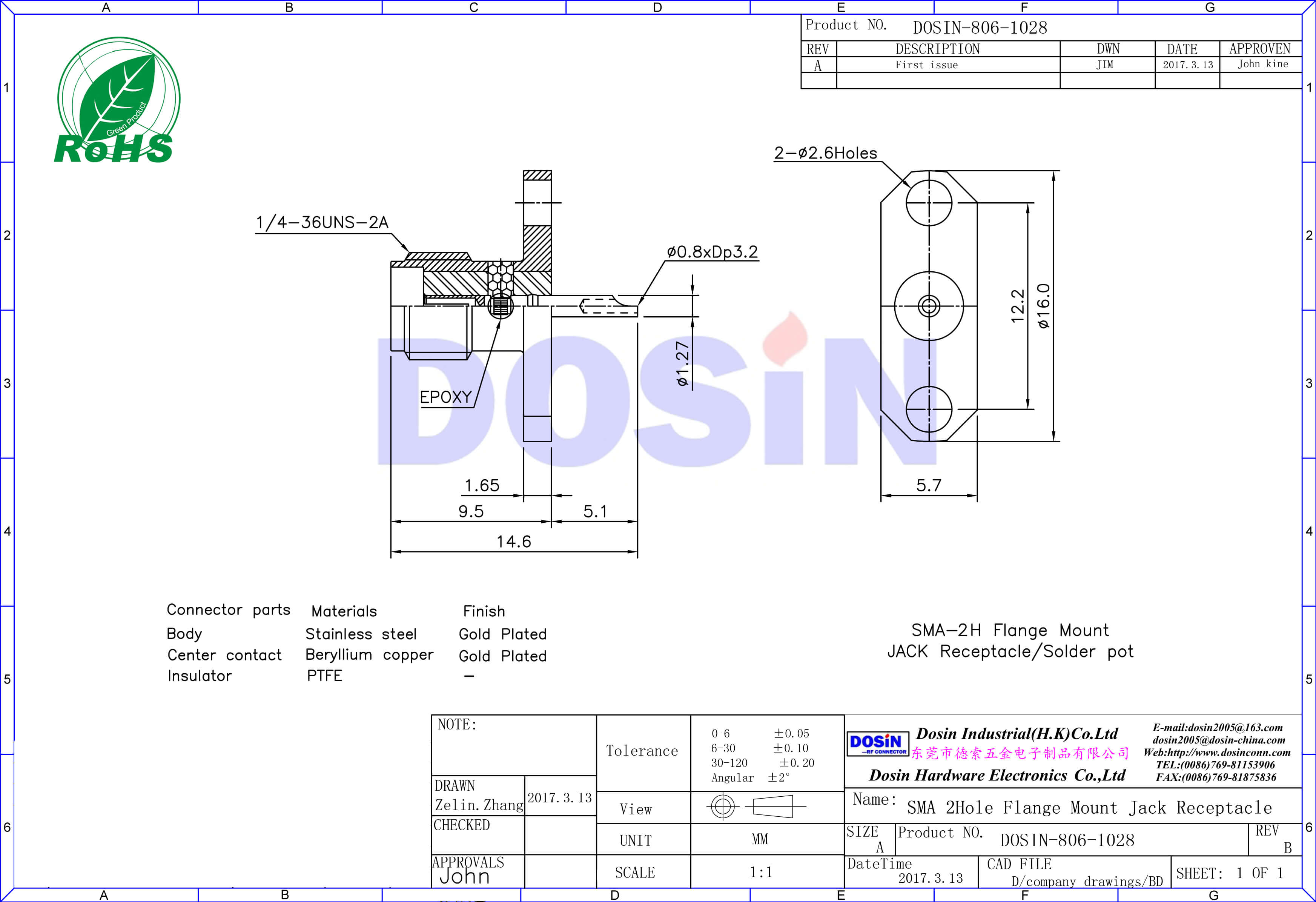 sma母頭2孔法蘭盤直式鍍金焊接同軸連接器