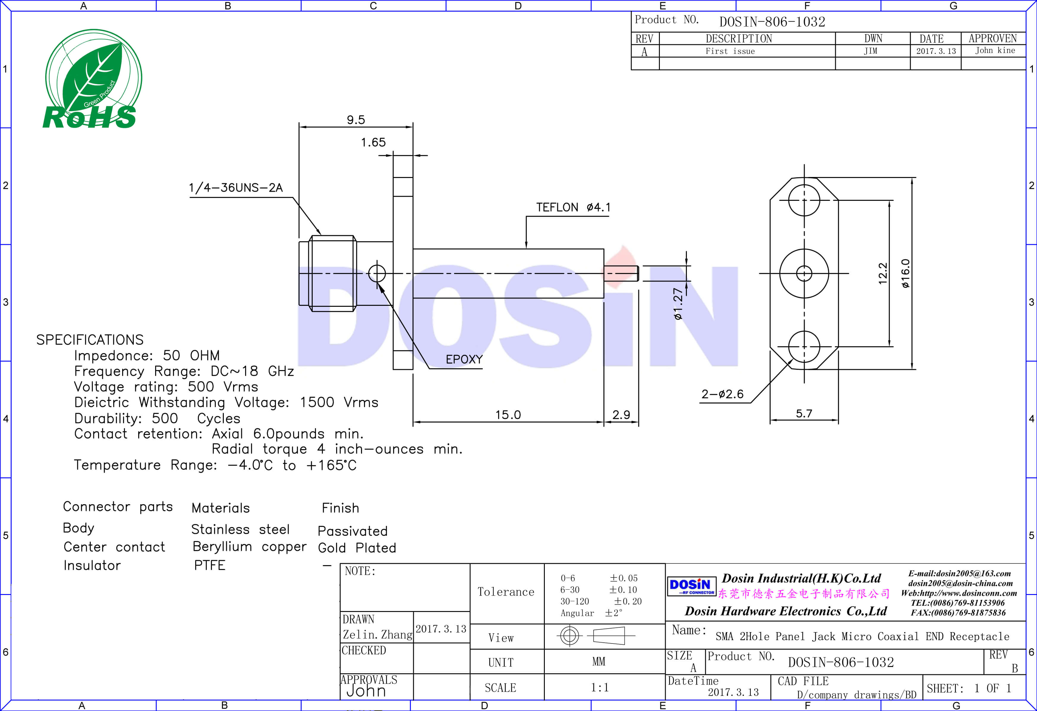 SMA連接器母頭射頻同軸 直式2孔法蘭盤延長鐵氟龍面板安裝