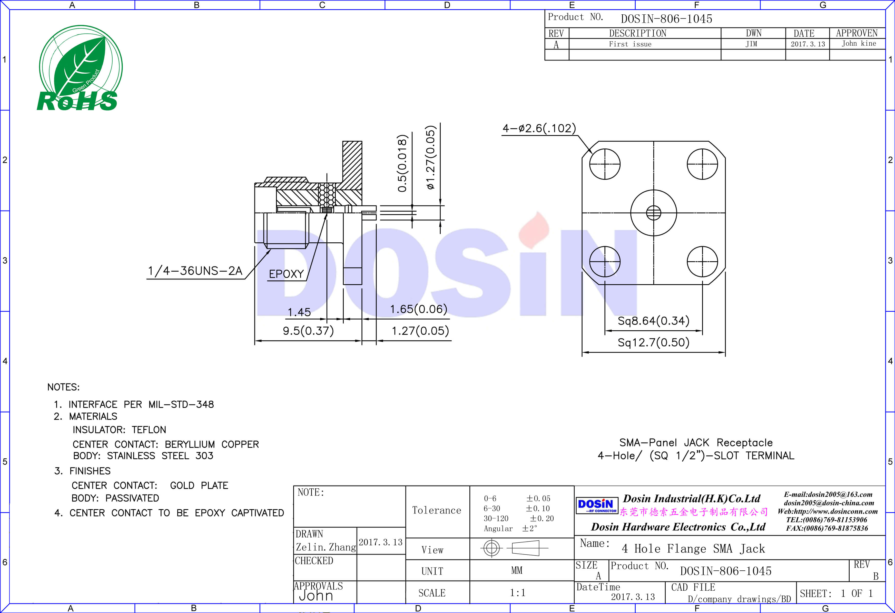 SMA母頭方形法蘭盤4孔樹脂灌膠面板安裝同軸音頻接頭