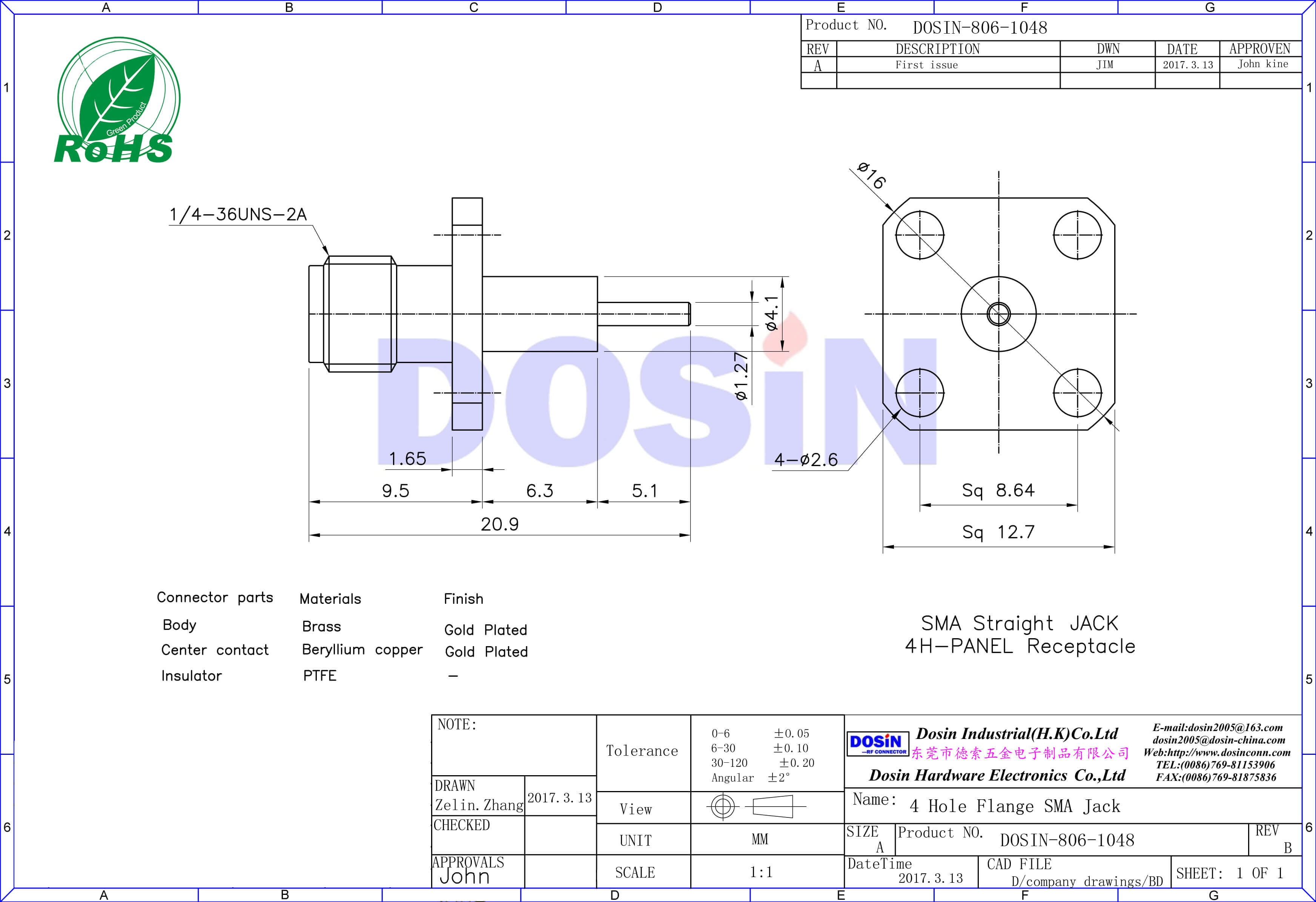 SMA直式母頭方形法蘭延長鐵氟龍面板安裝接頭