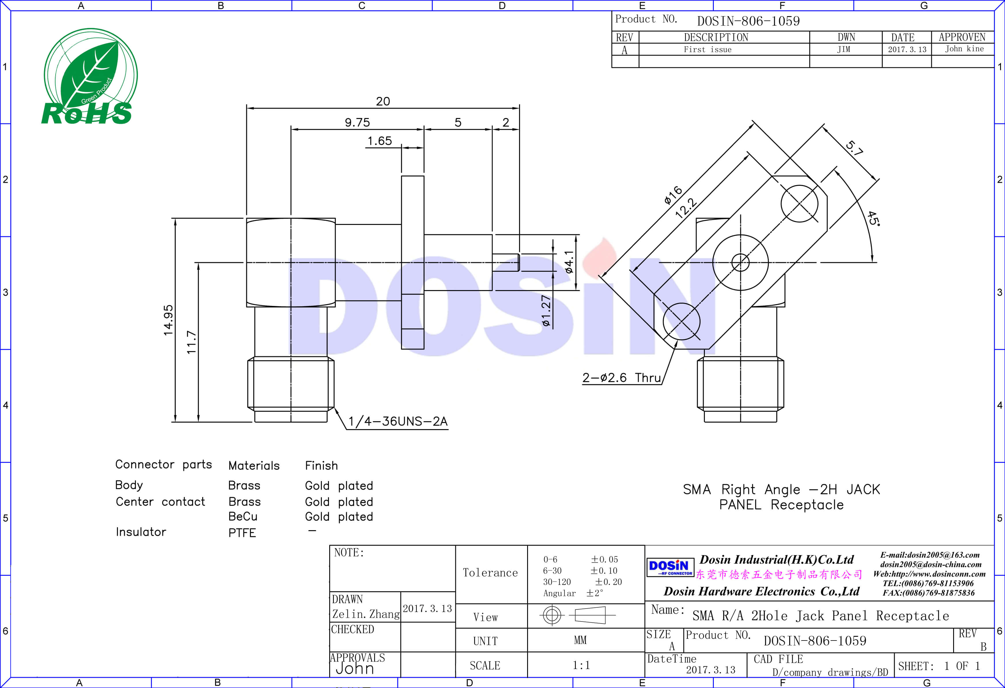 SMA鍍金彎式2孔法蘭連接器面板安裝帶延長(zhǎng)鐵氟龍母頭