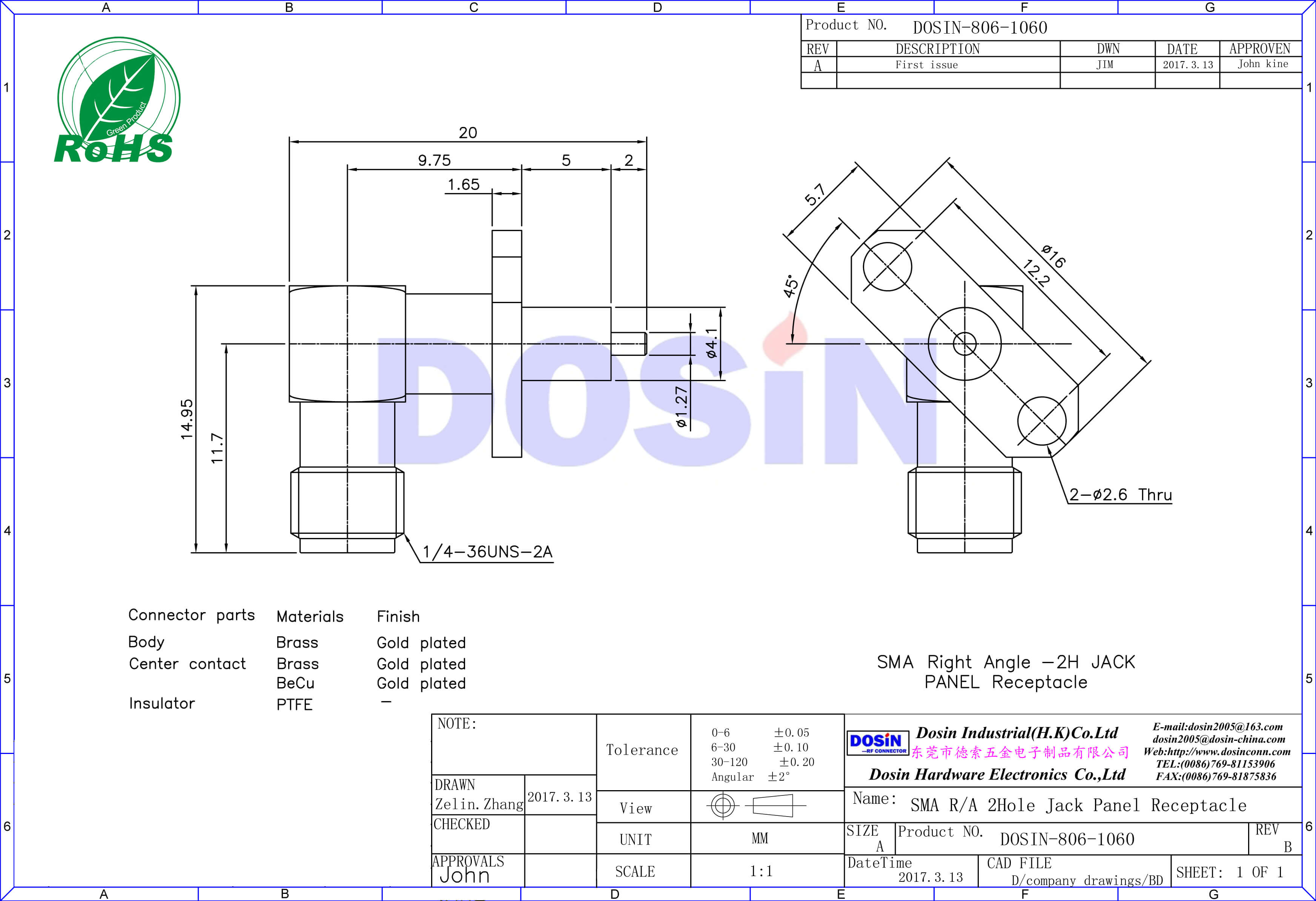 SMA接頭彎式兩孔法蘭面板安裝鍍金母頭