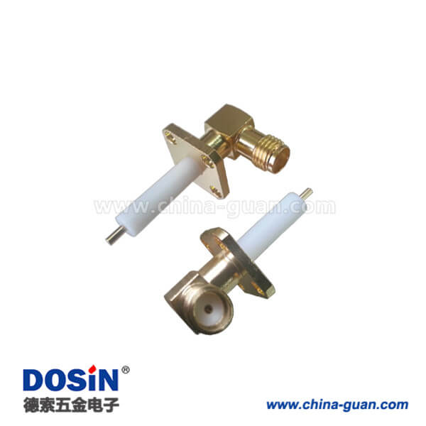 SMA彎式母頭鍍金帶延長(zhǎng)鐵氟龍法蘭安裝有線電視連線接頭