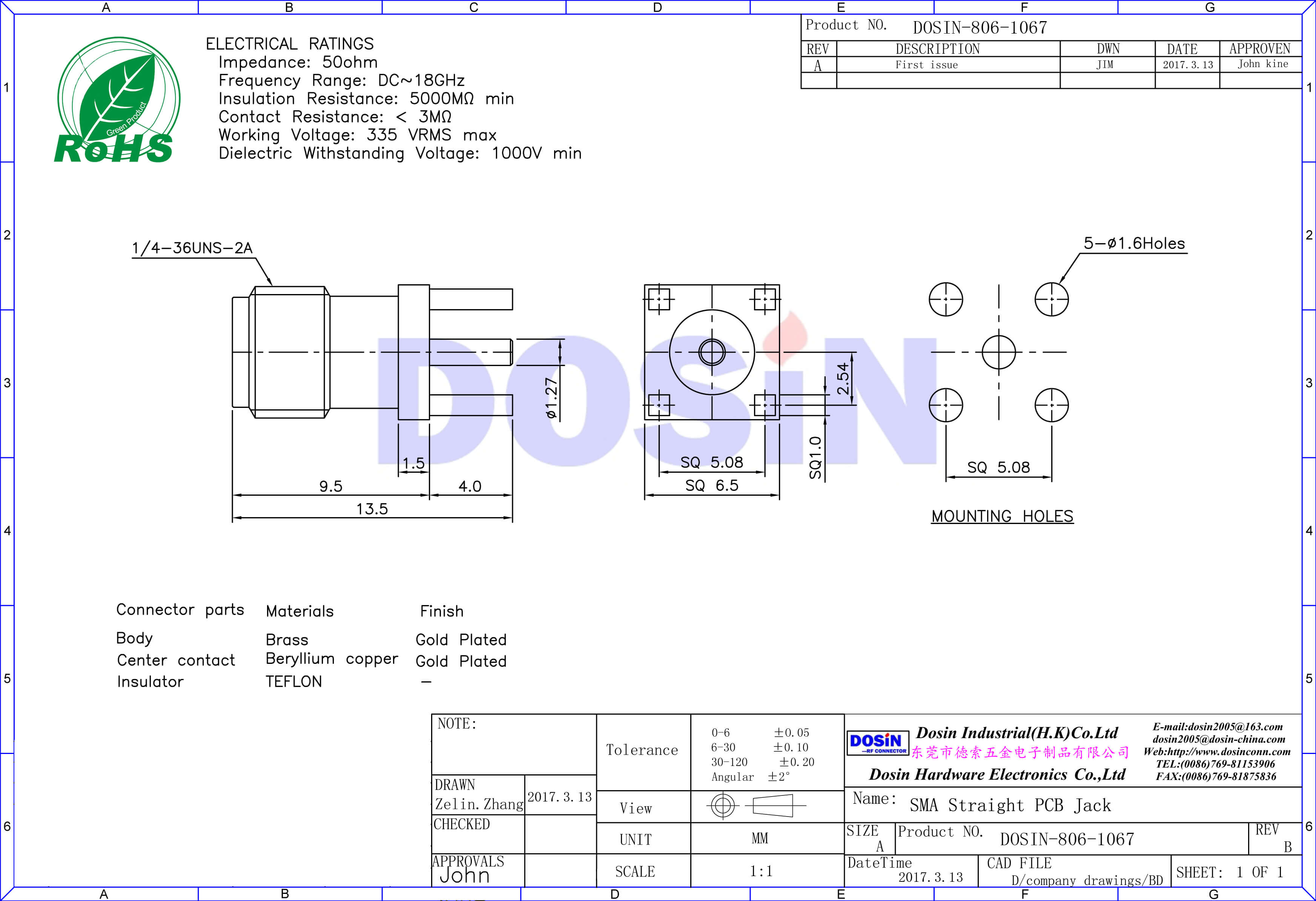 SMA接頭直式穿孔鍍金母頭插座50歐姆面板安裝