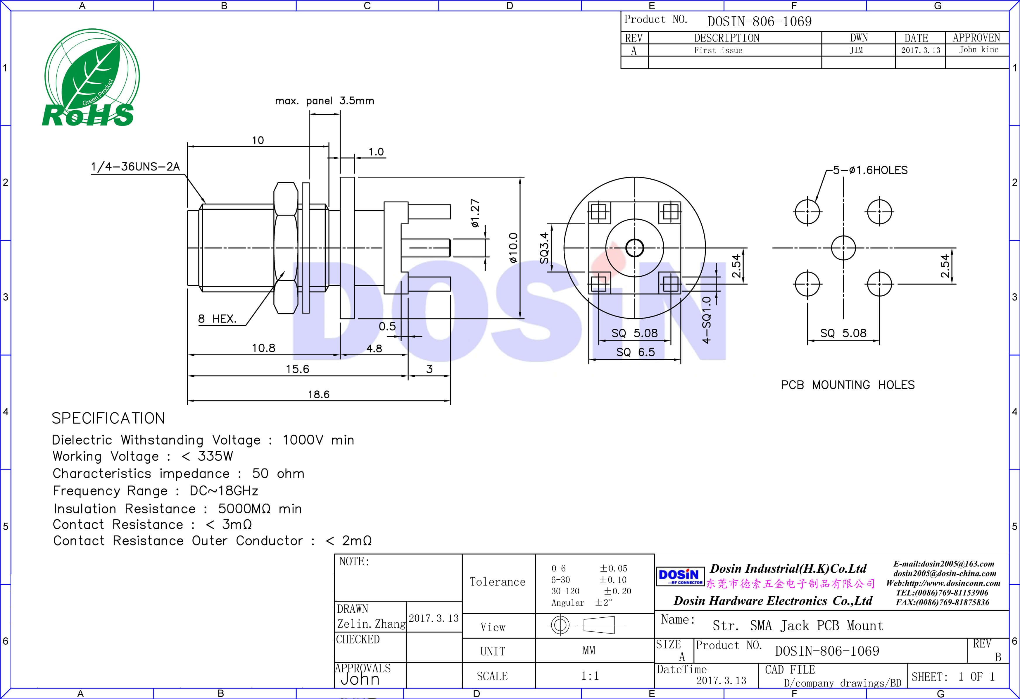 SMA穿墻直式母頭連接器PCB穿孔式安裝鍍金SMA