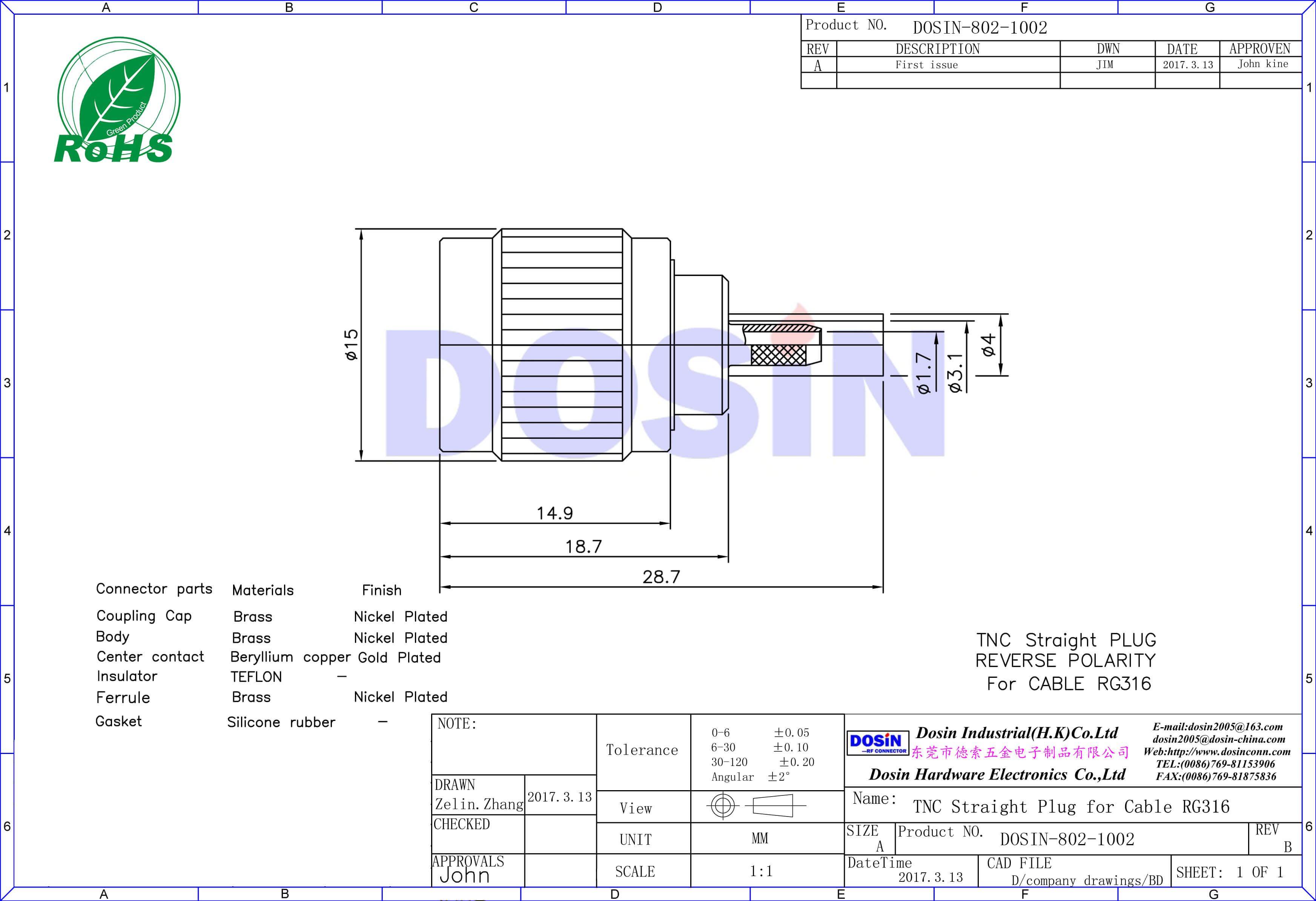 tnc插頭反極直式壓接射頻同軸連接器