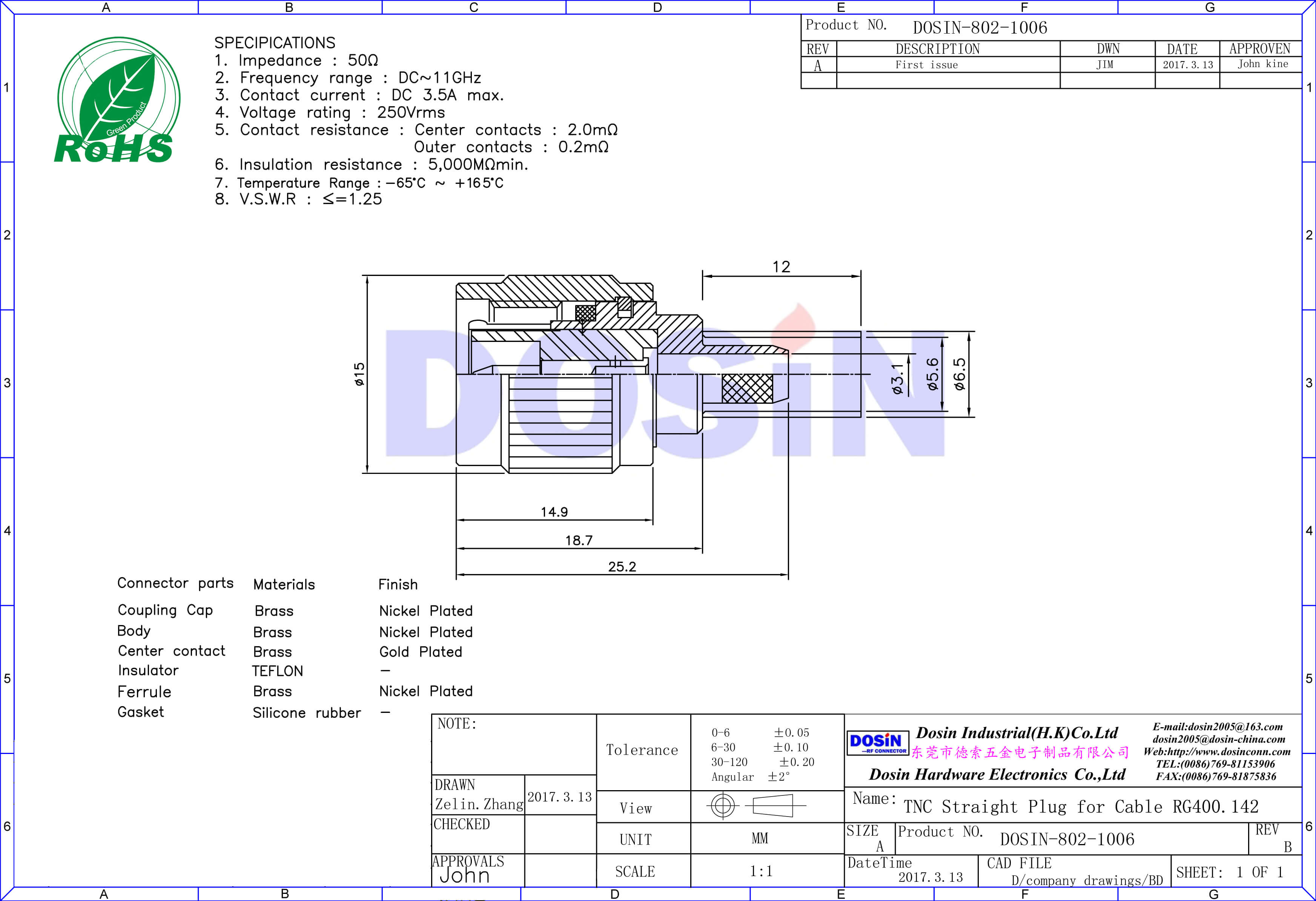 tnc射頻連接器反極直式插頭壓接同軸線纜RG400