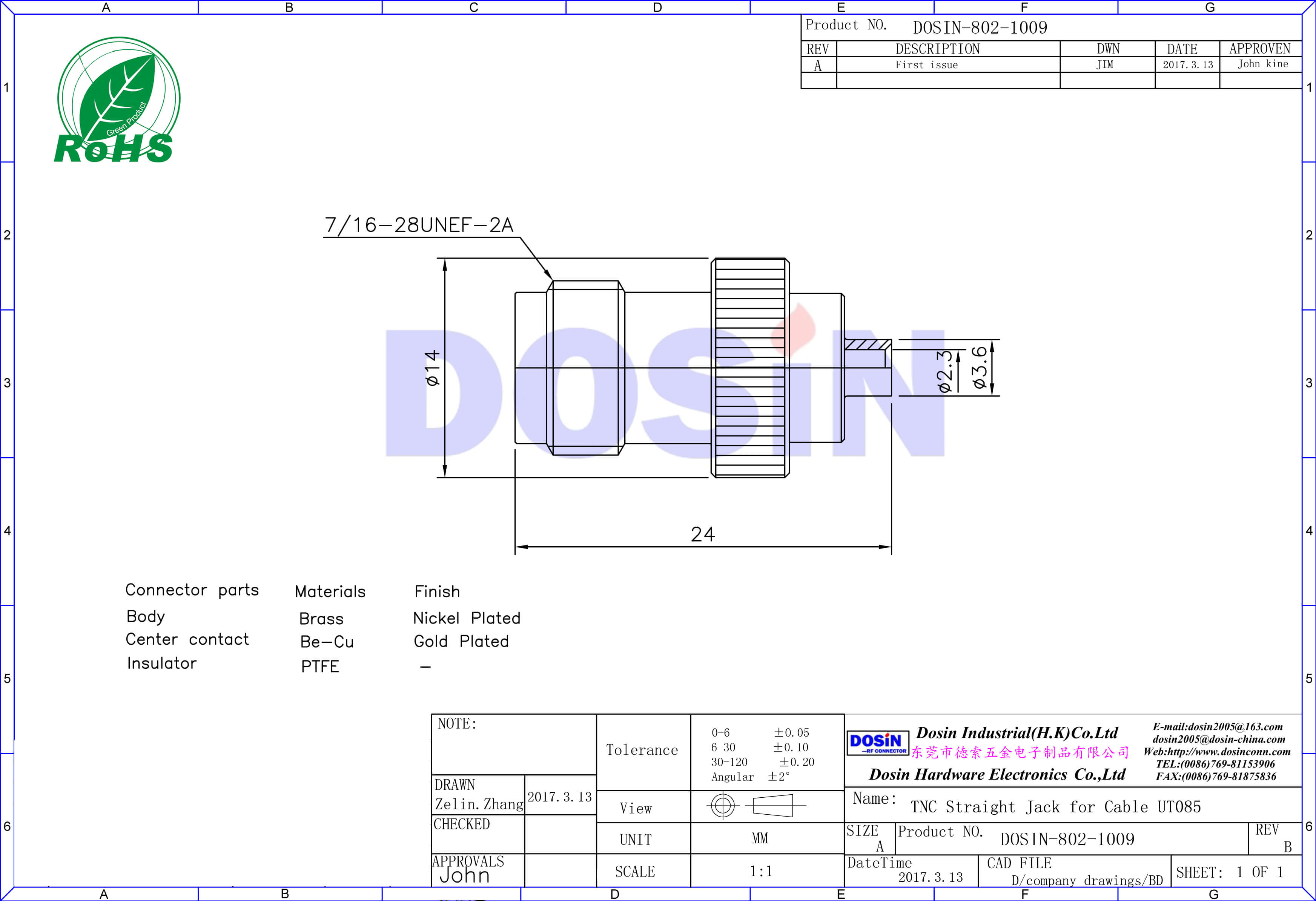 tnc型射頻連接器母頭直式焊接同軸線纜UT085 