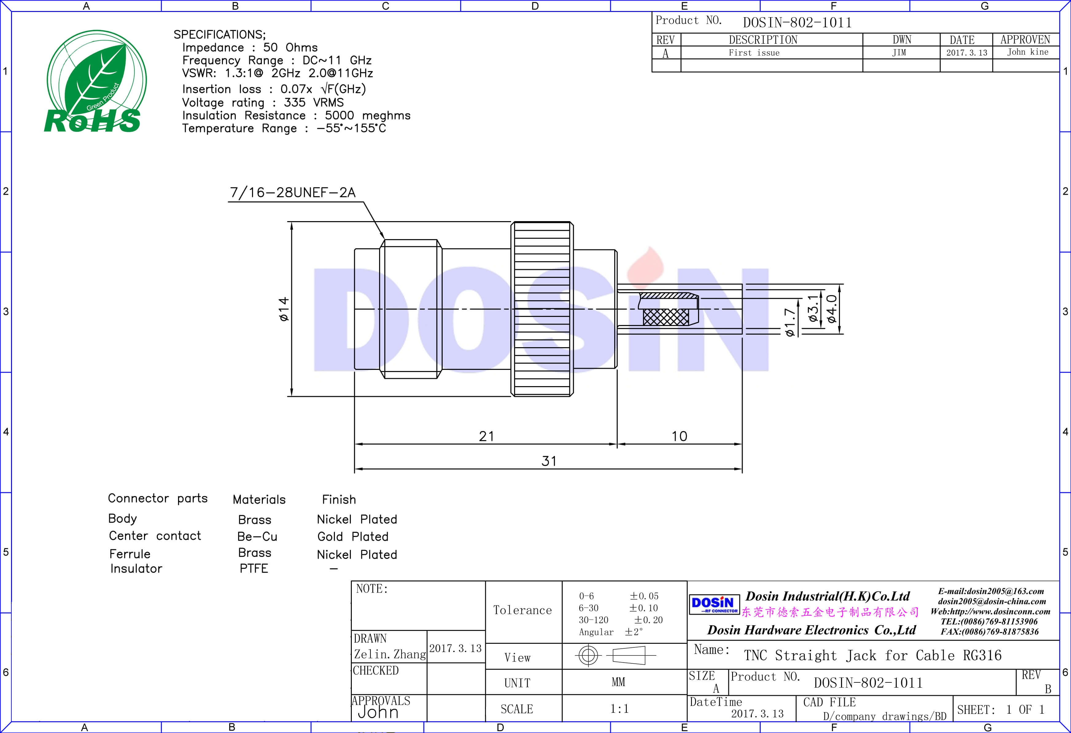 tnc接頭母頭壓接直式同軸線纜接線RG316