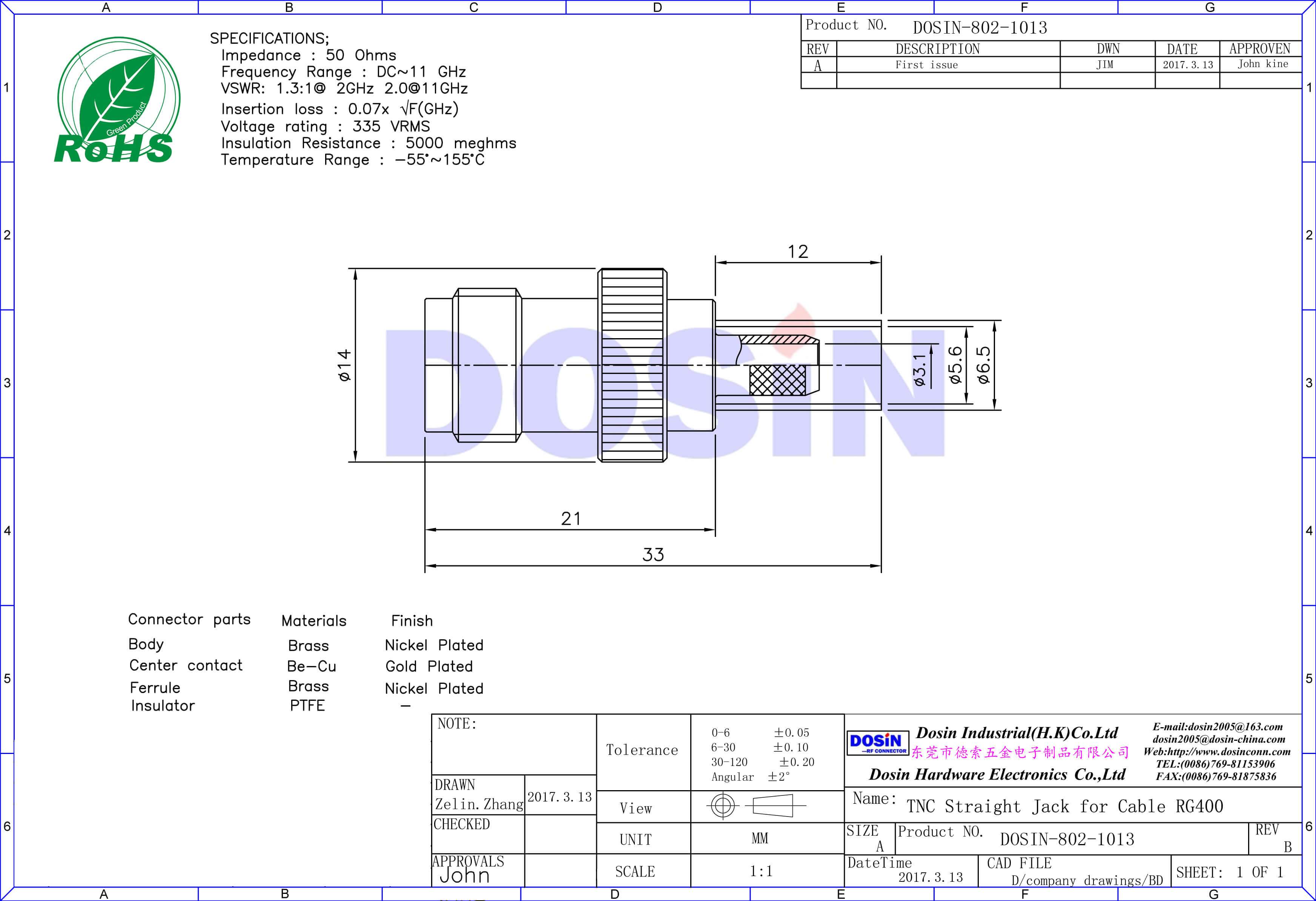 tnc直式母頭壓接式射頻同軸線纜RG400