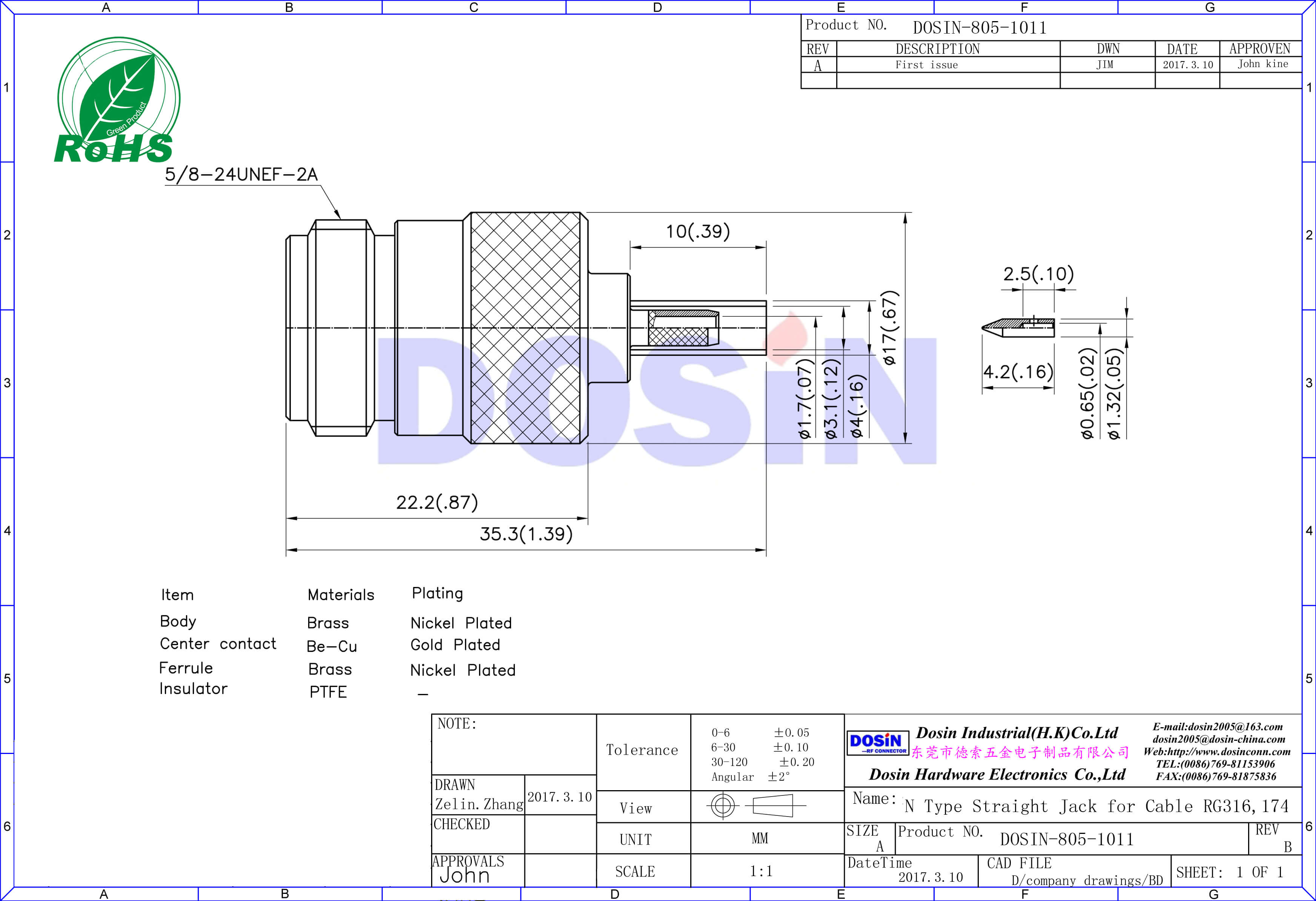 n型母頭連接器壓接式同軸線纜RG316,174