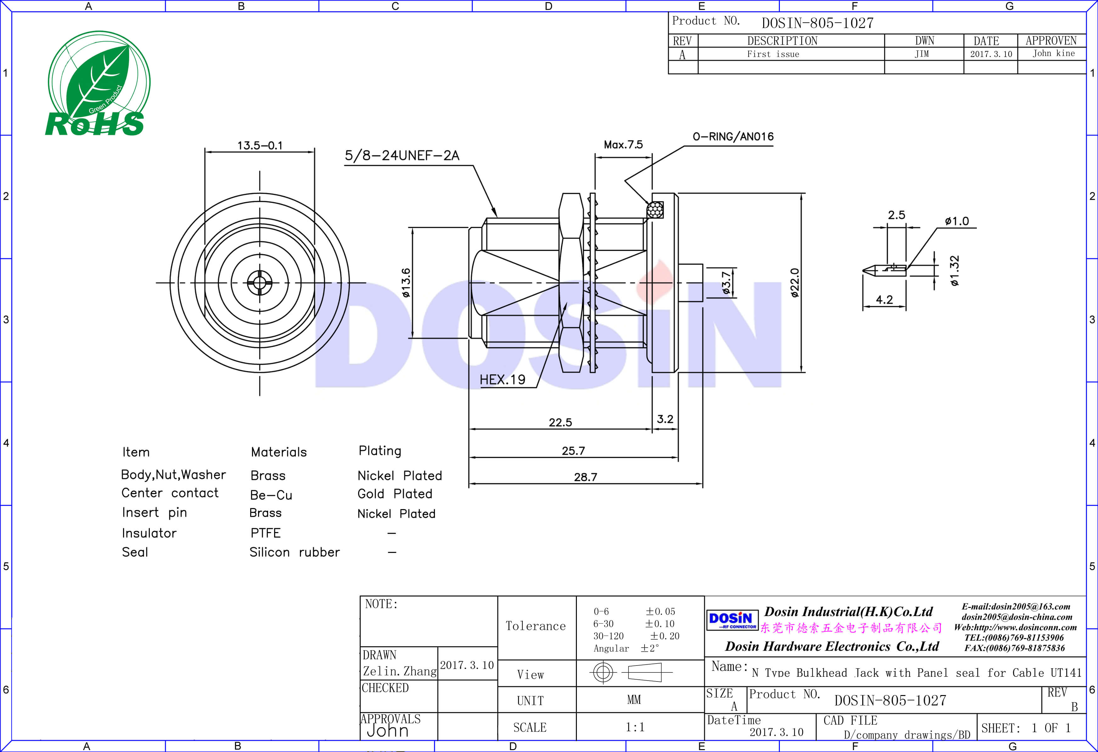 n頭面板安裝有線電視電纜UT141直式穿墻式母頭