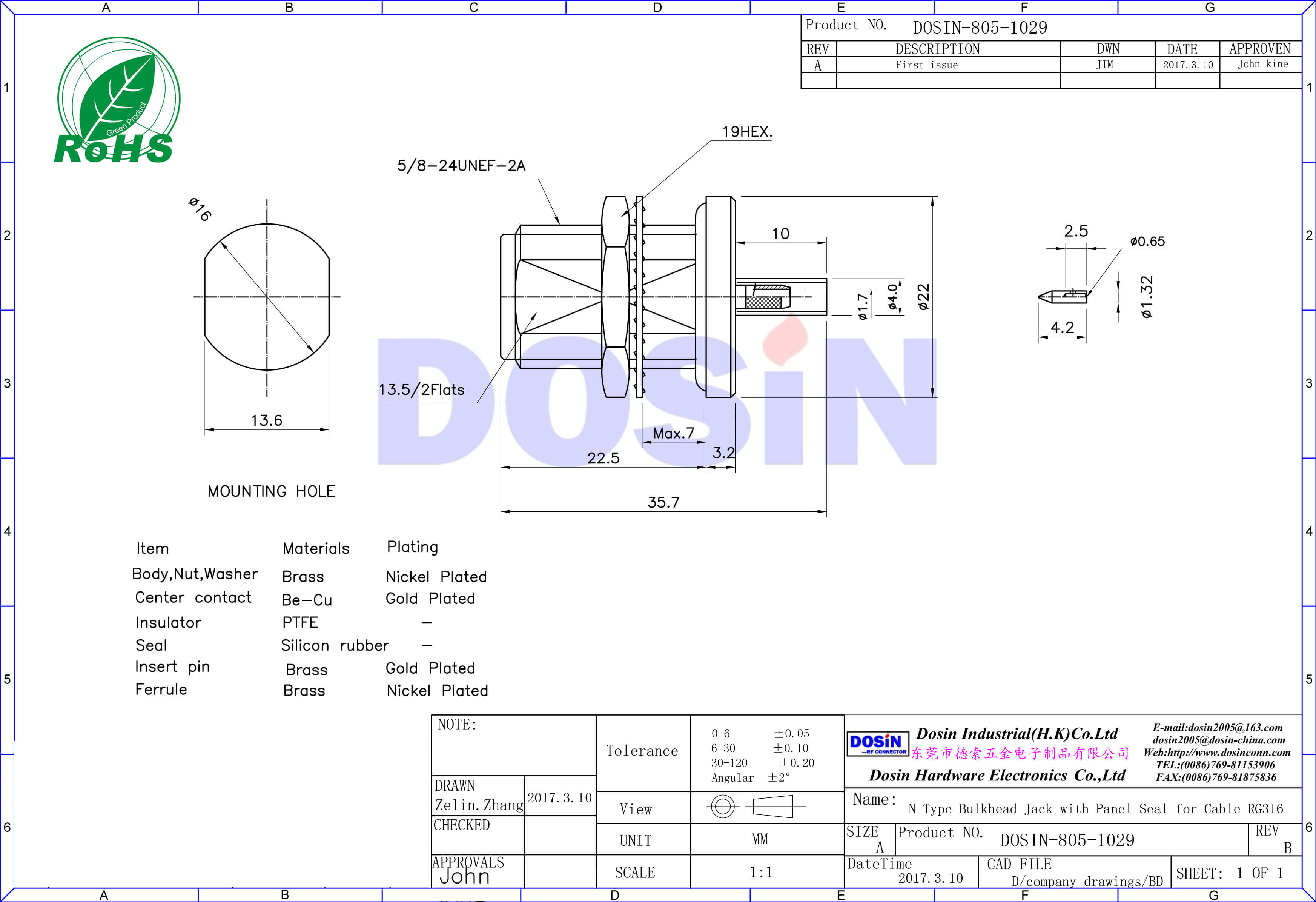 n型直式防水母頭接RG142,400,223射頻同軸電纜