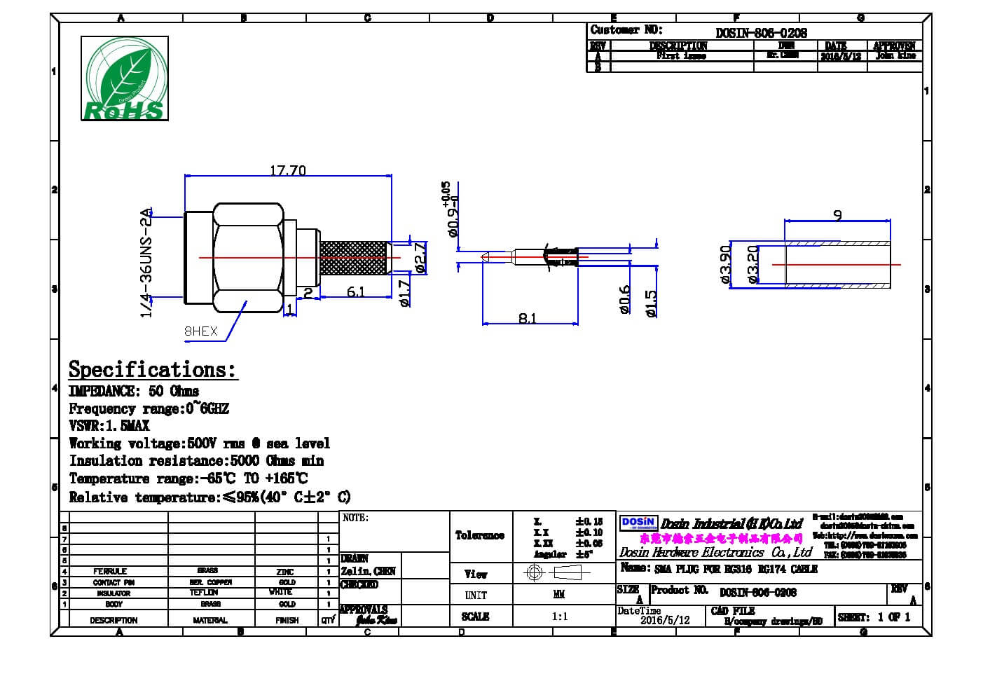 SMA連接器壓接式SMA公頭接RG174線(xiàn)