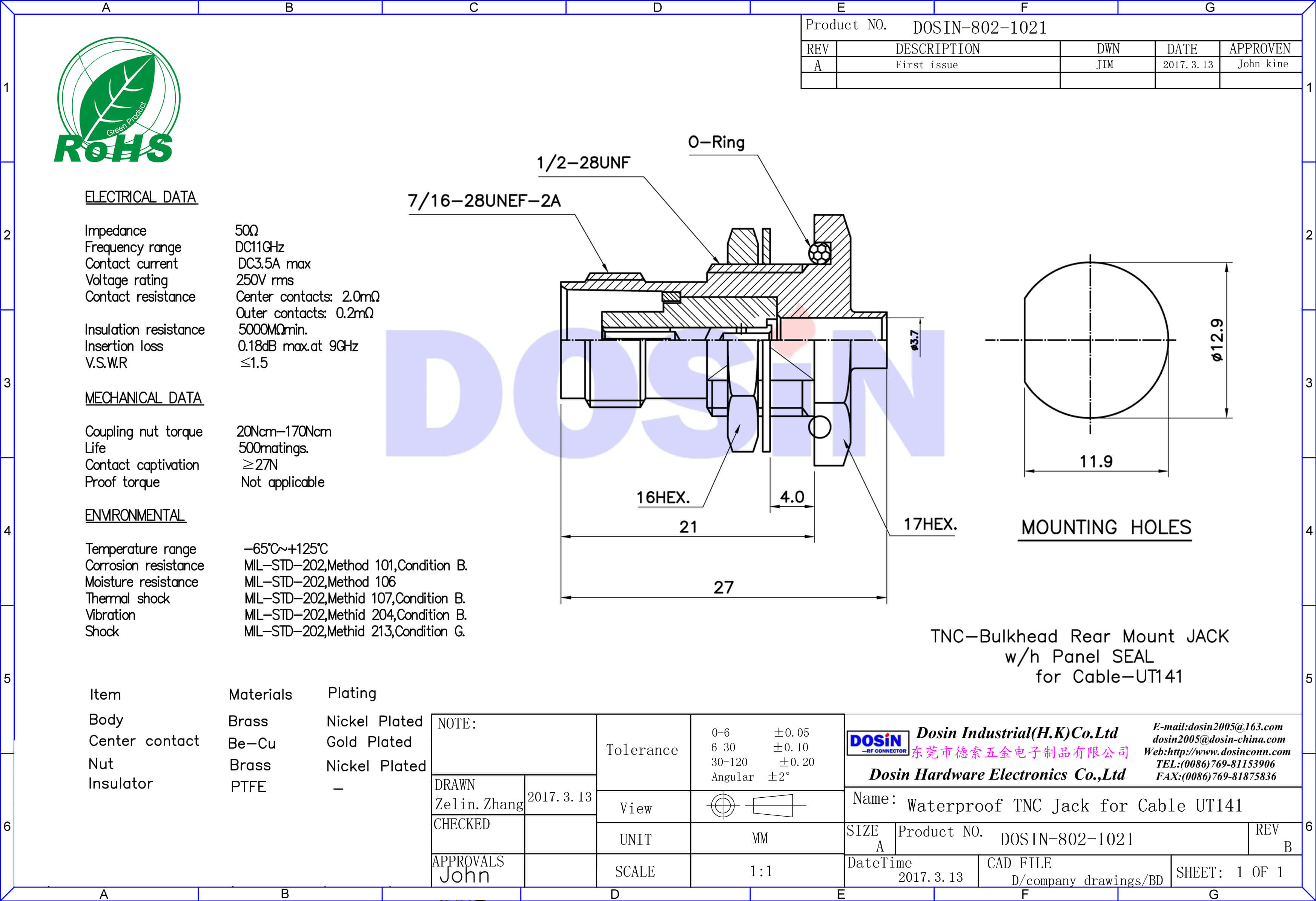 tnc連接器穿墻50歐姆直式同軸線纜ut141射頻