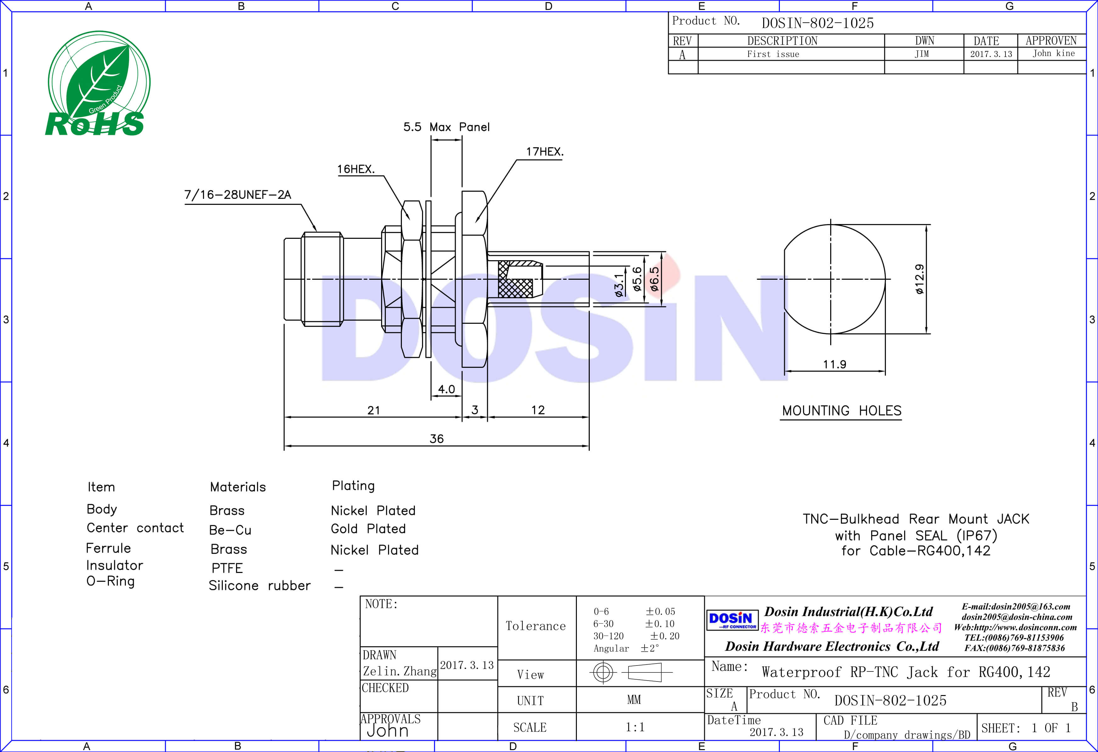 tnc直式穿墻母頭面板安裝接線RG400,142同軸連接器