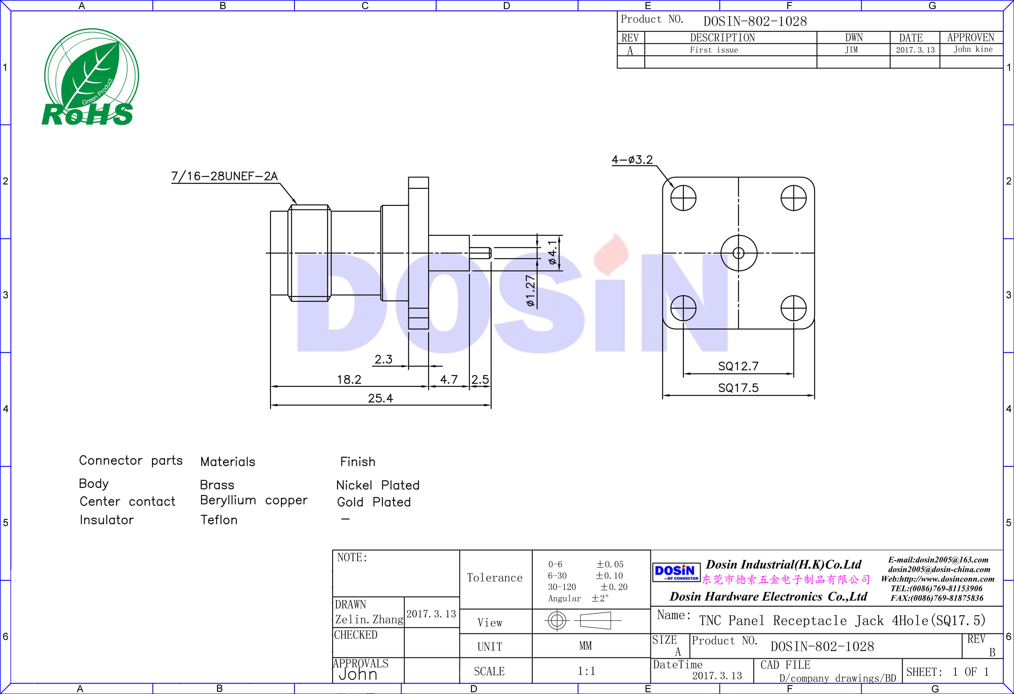 tnc射頻同軸連接器直式焊接母頭法蘭式4孔方形安裝盤(pán)