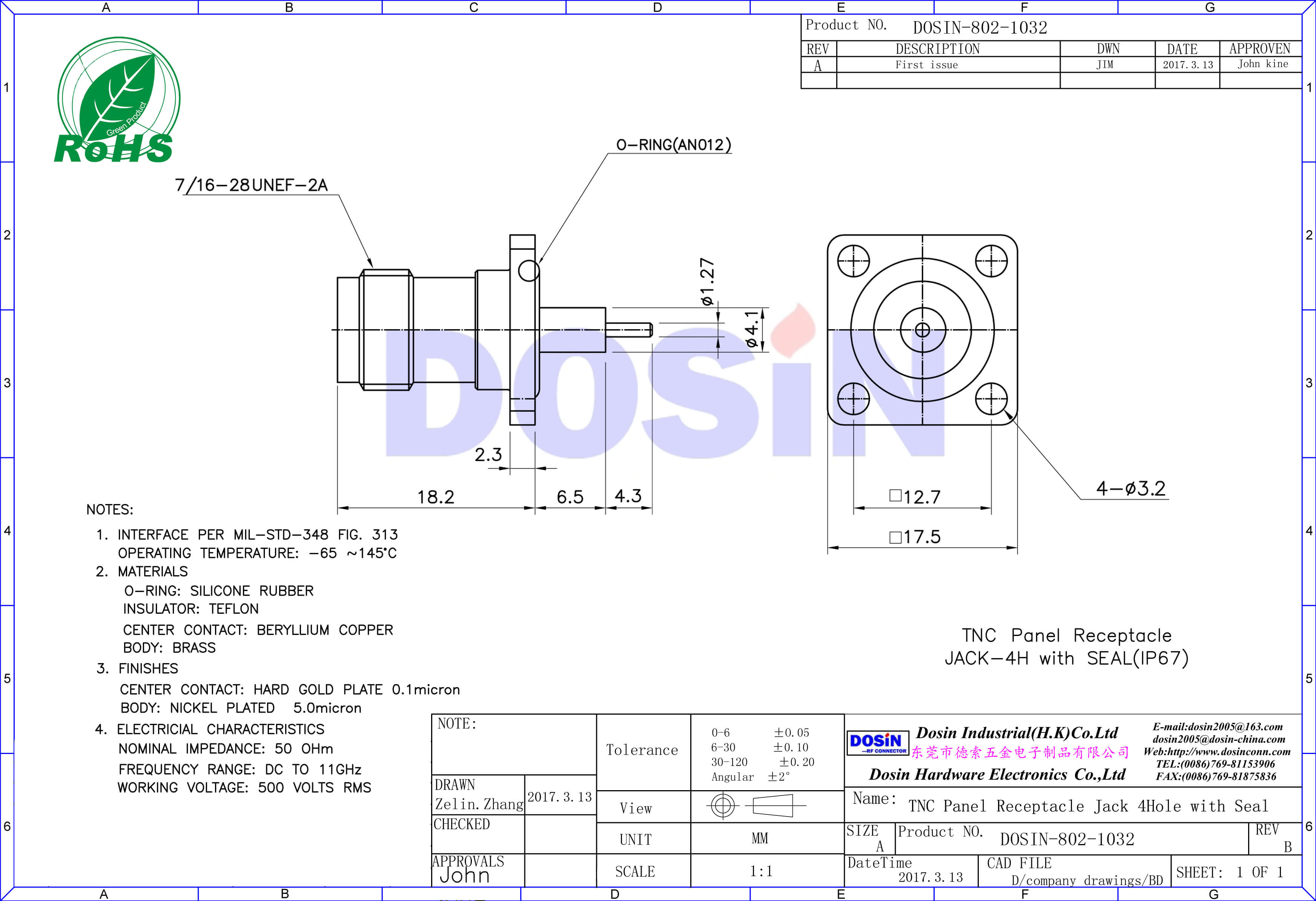 tnc直式母頭4孔方形法蘭座子射頻同軸連接器