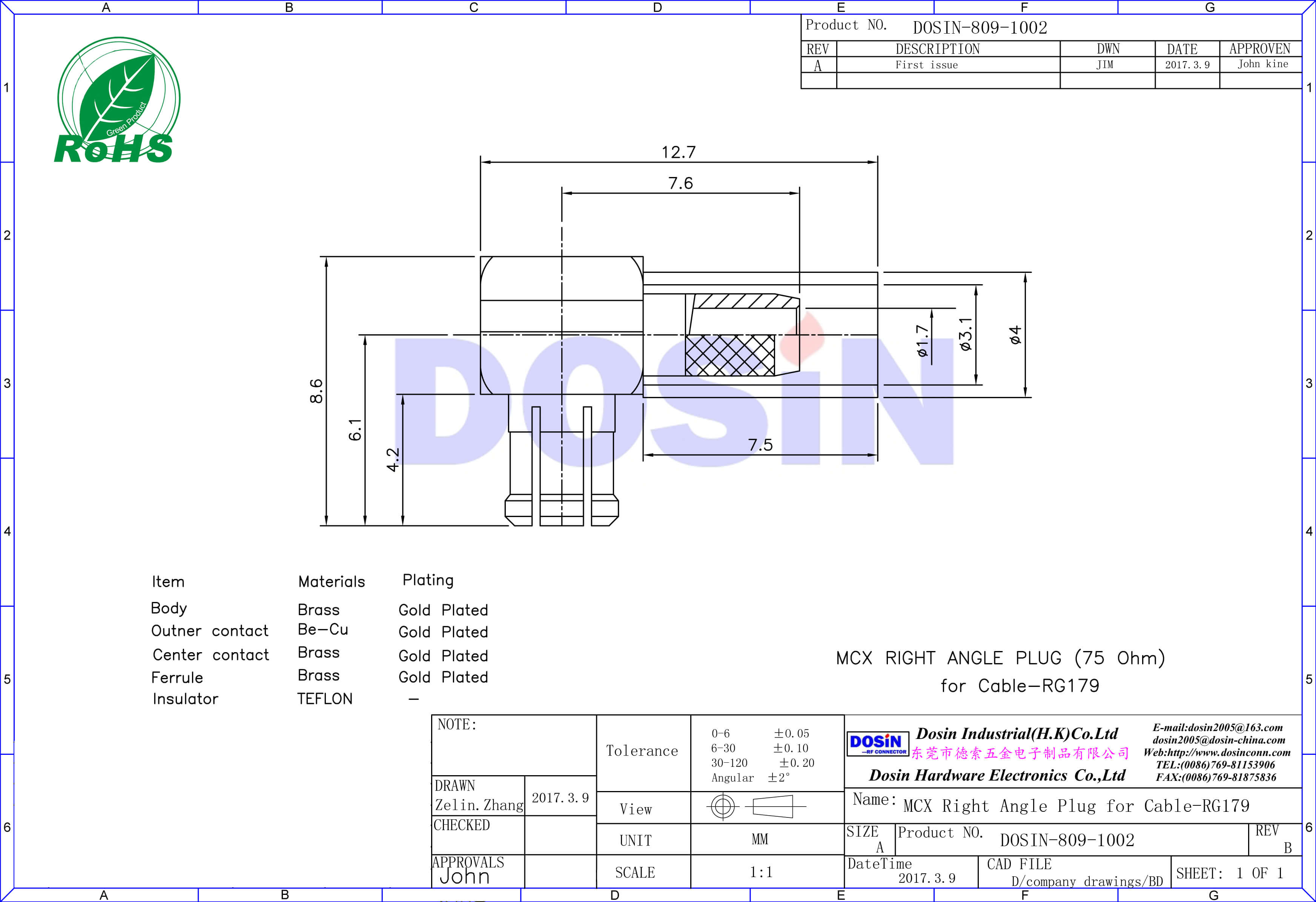 mcx連接器公頭彎式壓接RG179電視同軸電纜接頭