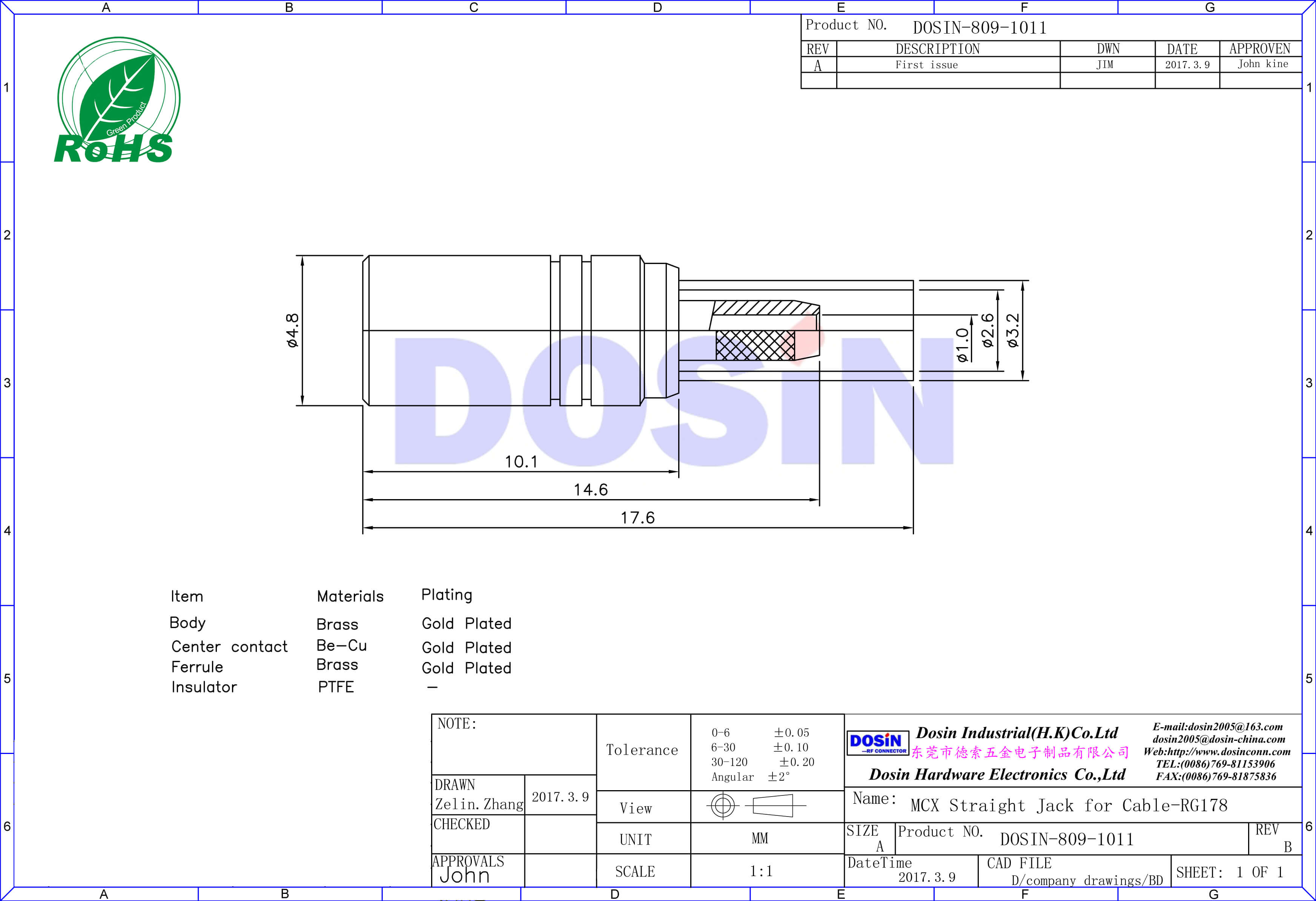 mcx直式壓接式母頭連接器同軸電纜50歐姆RG178 