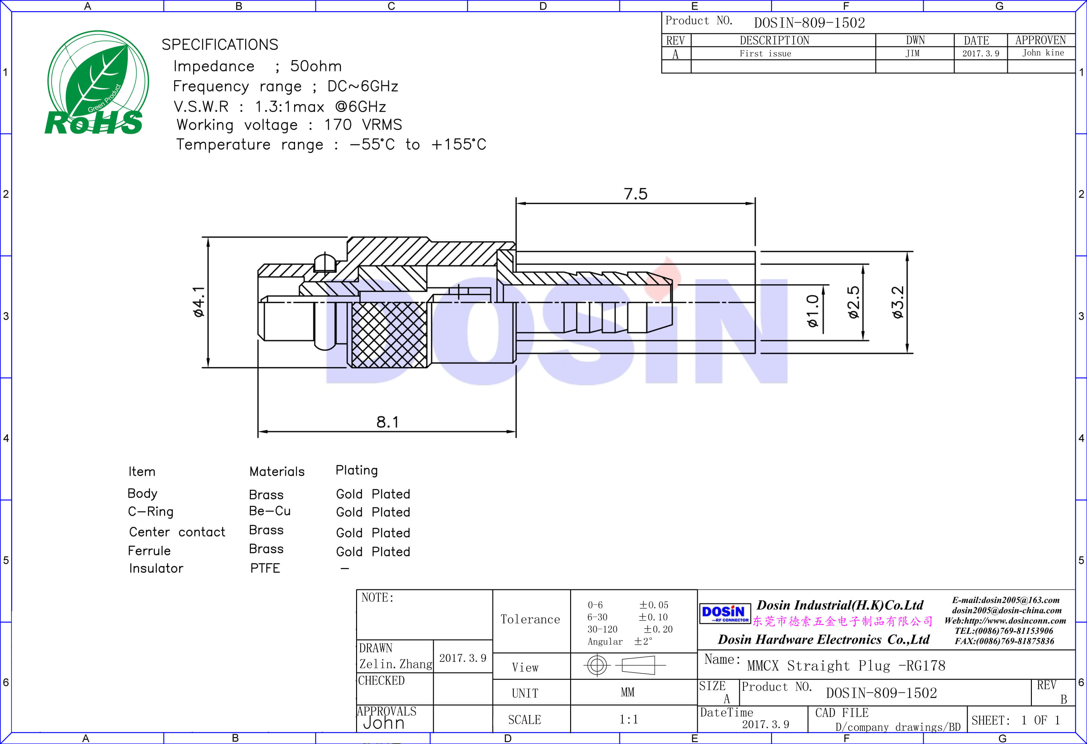 MMCX直式壓接連接線RG178rf同軸連接器