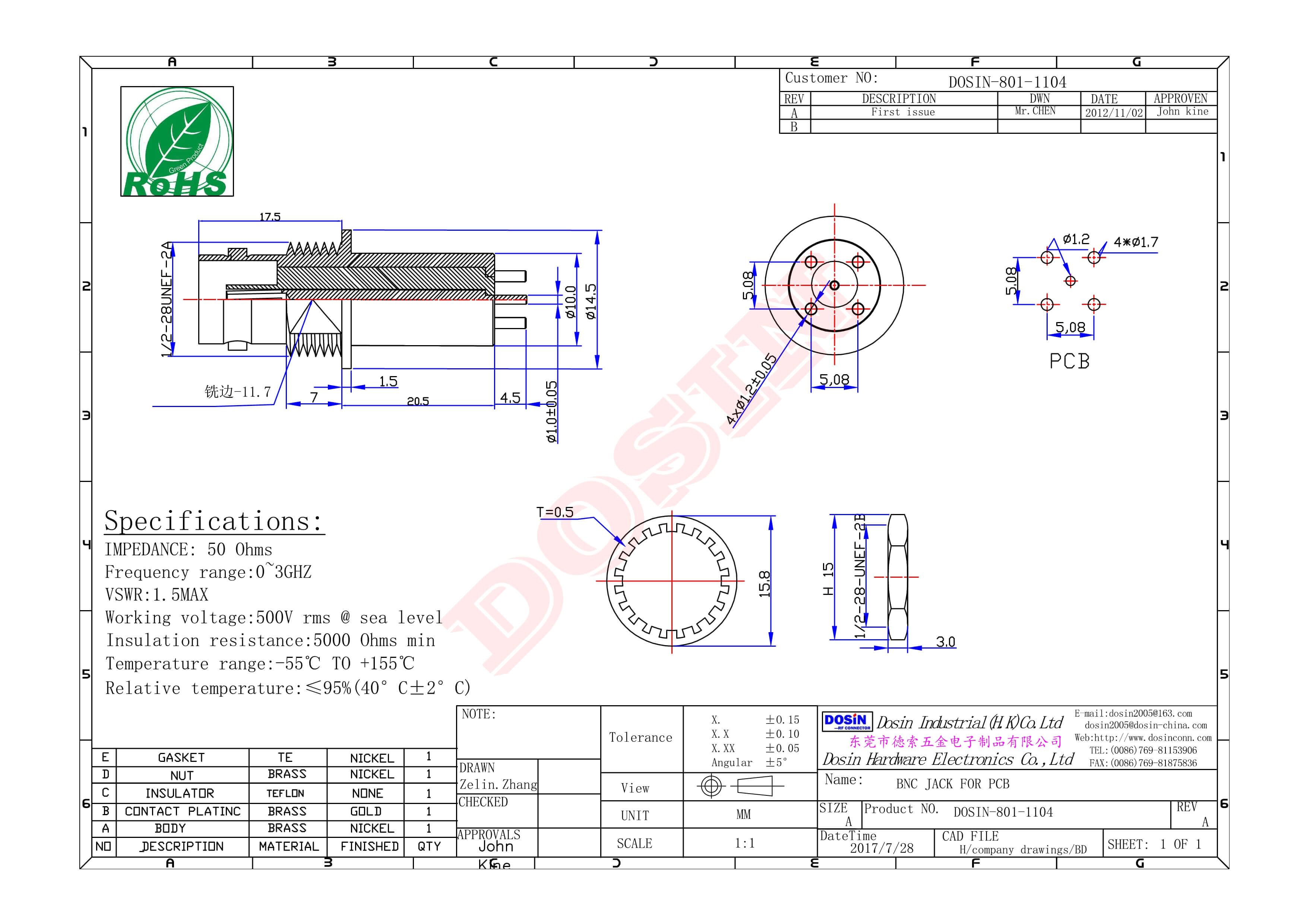 bnc接頭pcb封裝母頭直式加長插孔板裝