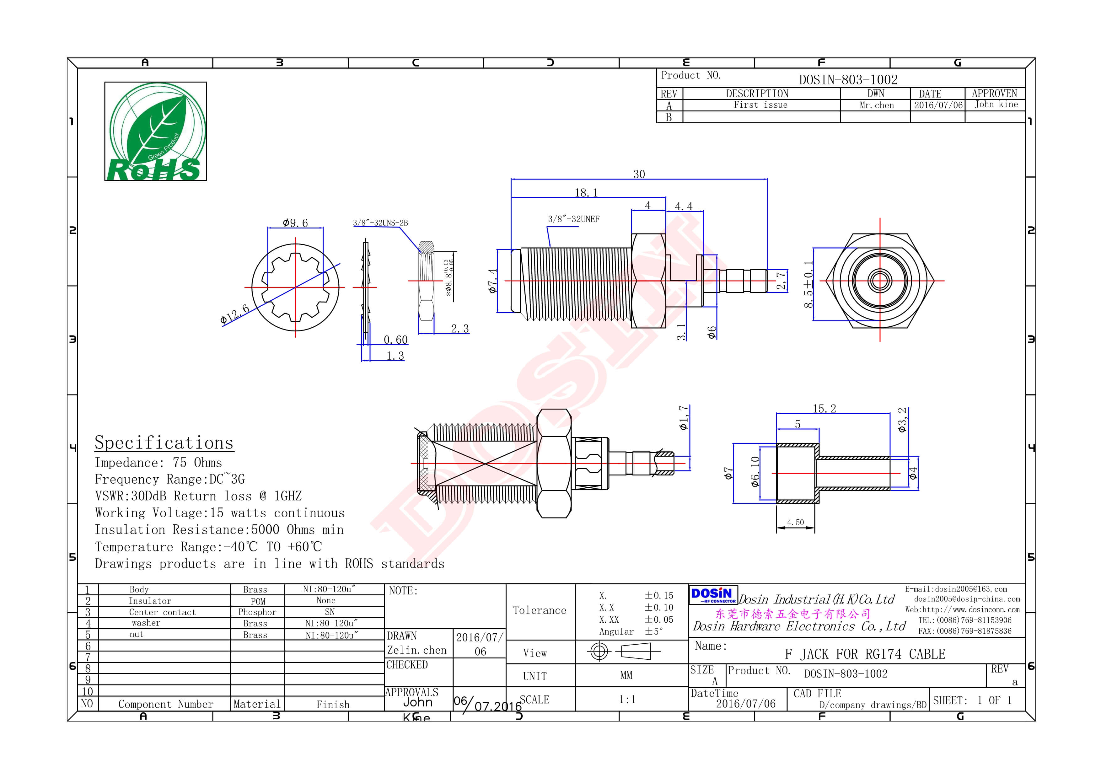 f型壓接式連接器母頭穿墻同軸線纜接RG316
