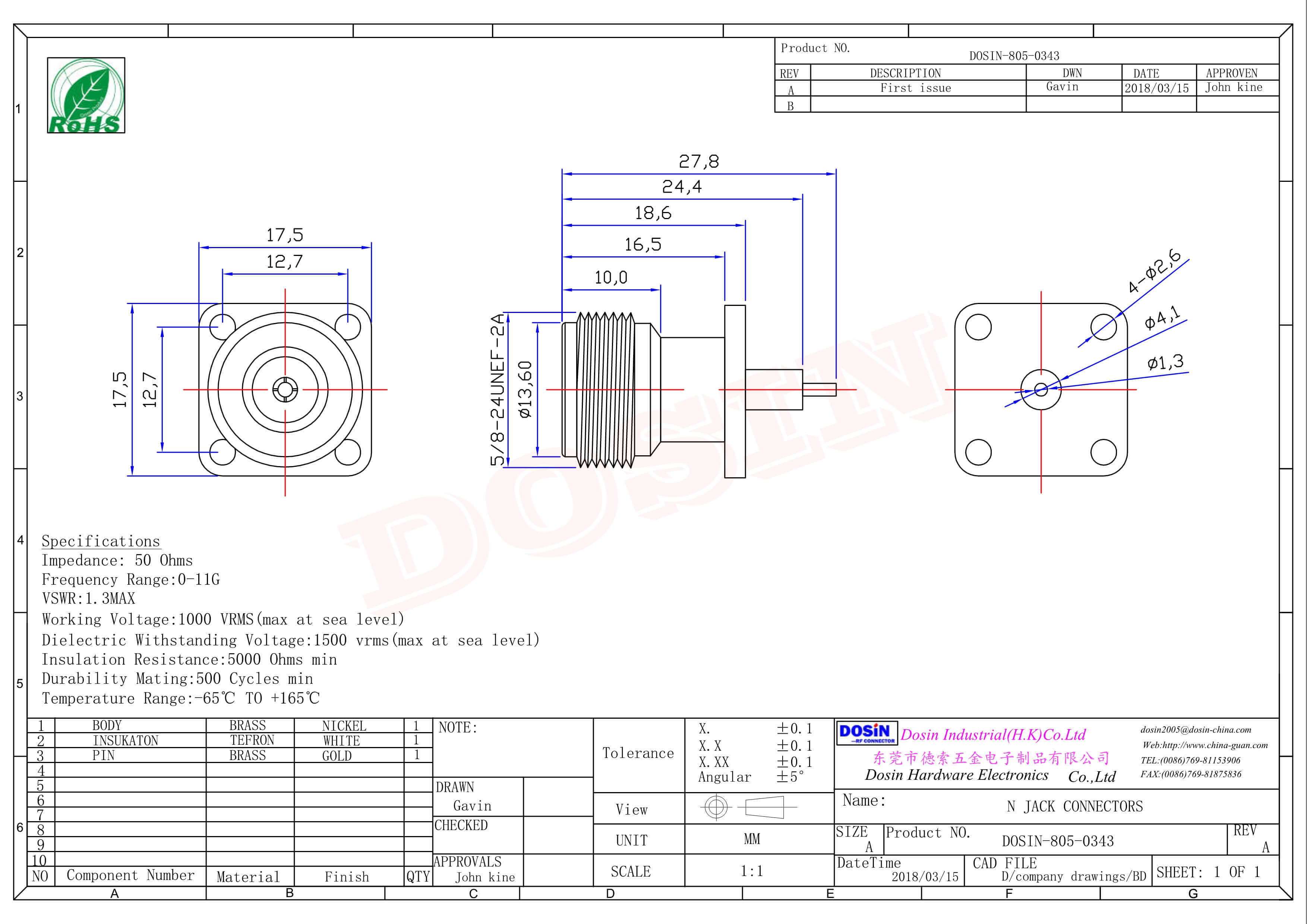 N型母頭連接器直式四孔法蘭插板 