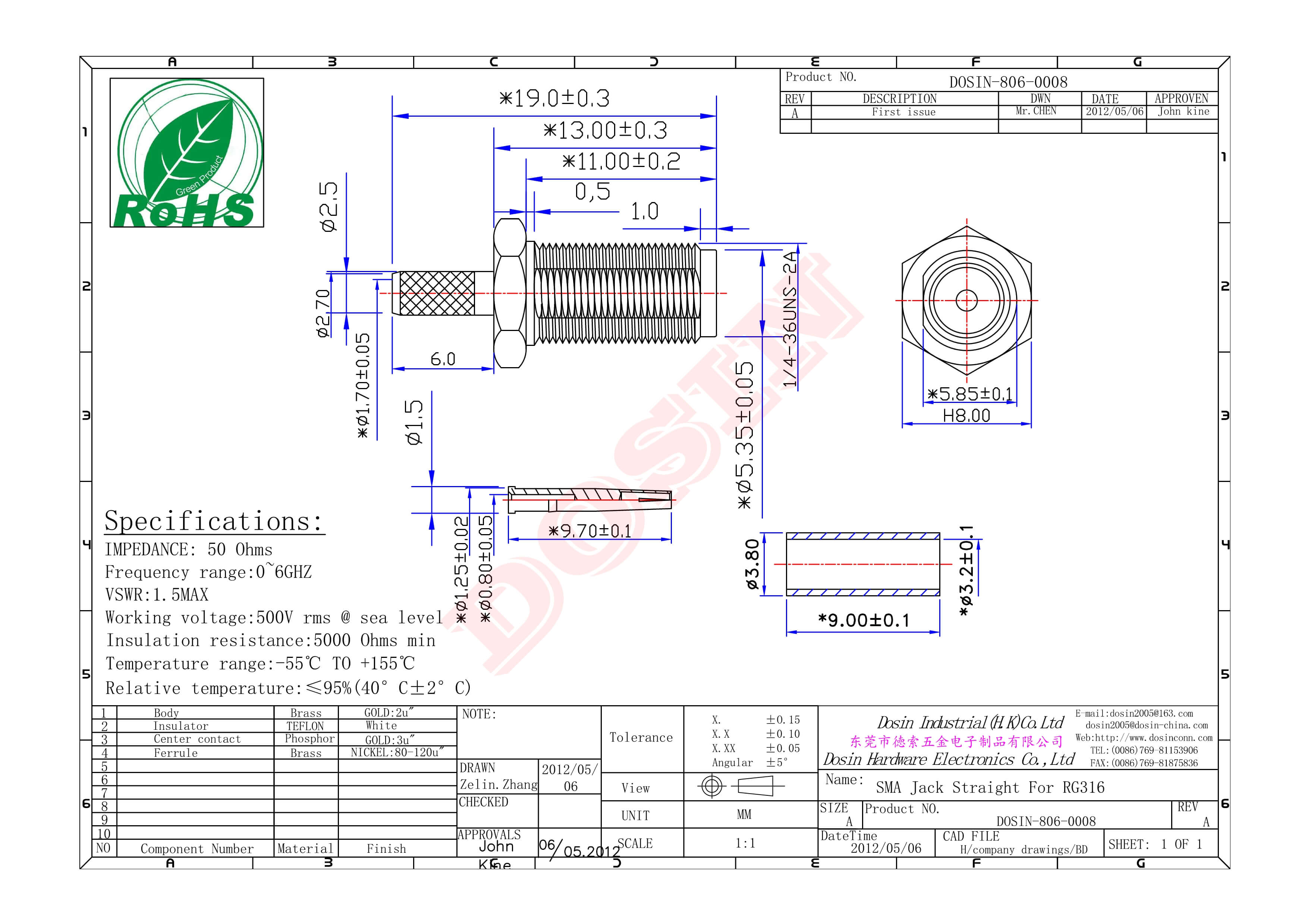SMA連接器,直式,母頭,母針,壓接,接同軸線纜