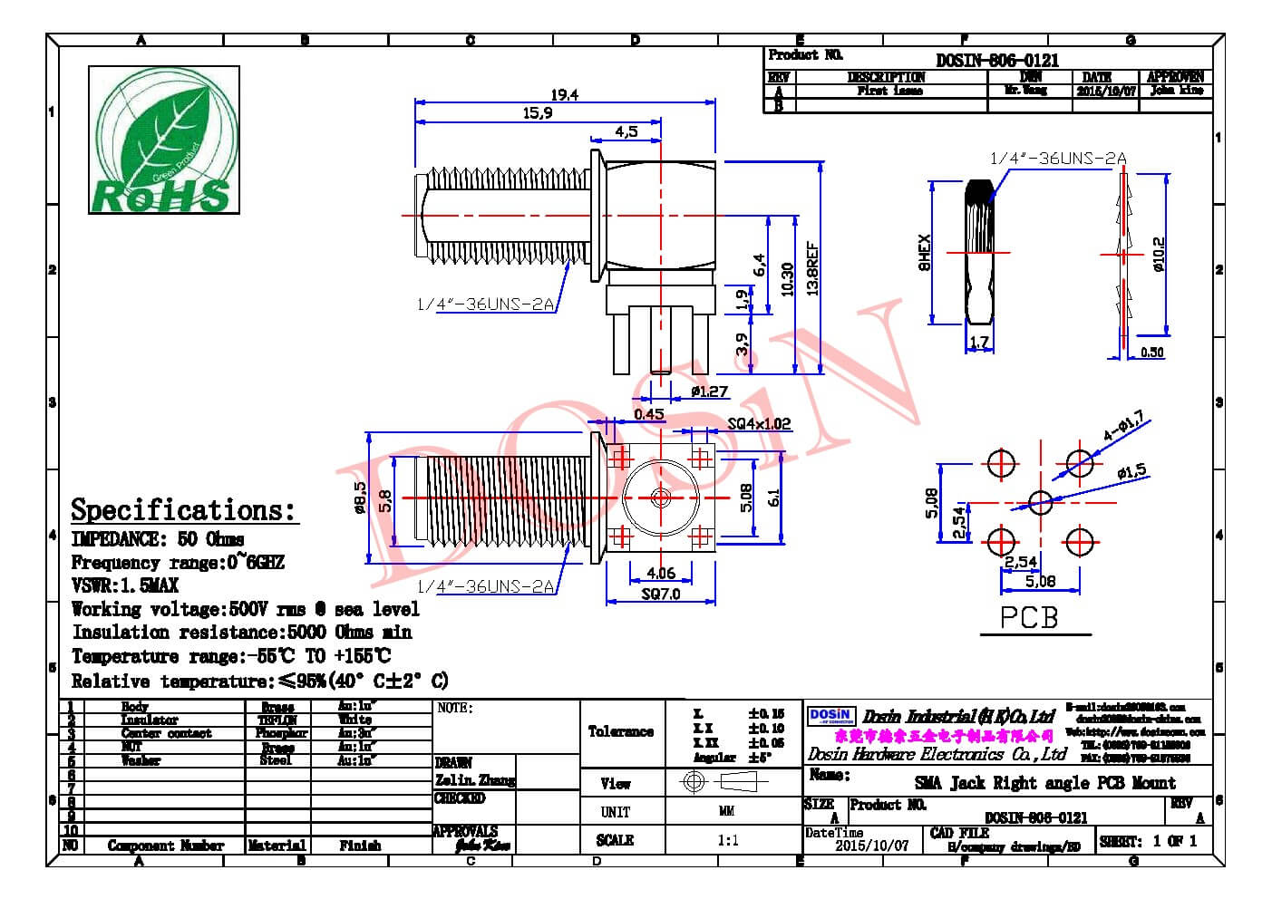 SMA型90度四腳插座母頭接PCB板