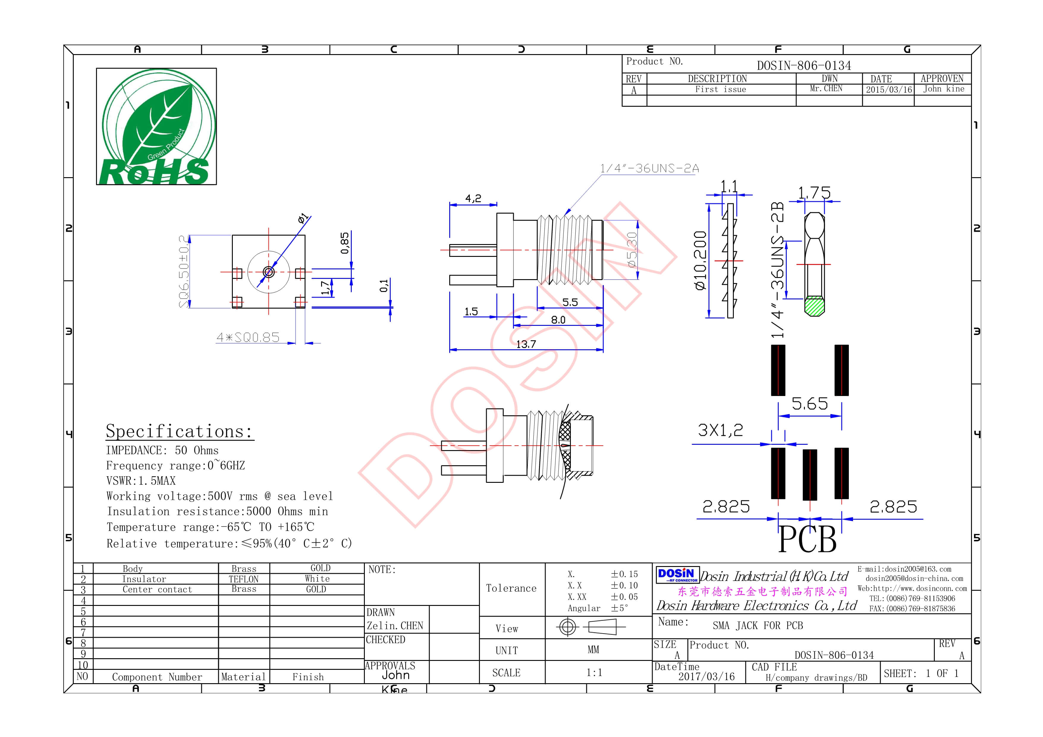 SMA母頭直插連接器螺紋連接插板接PCB板