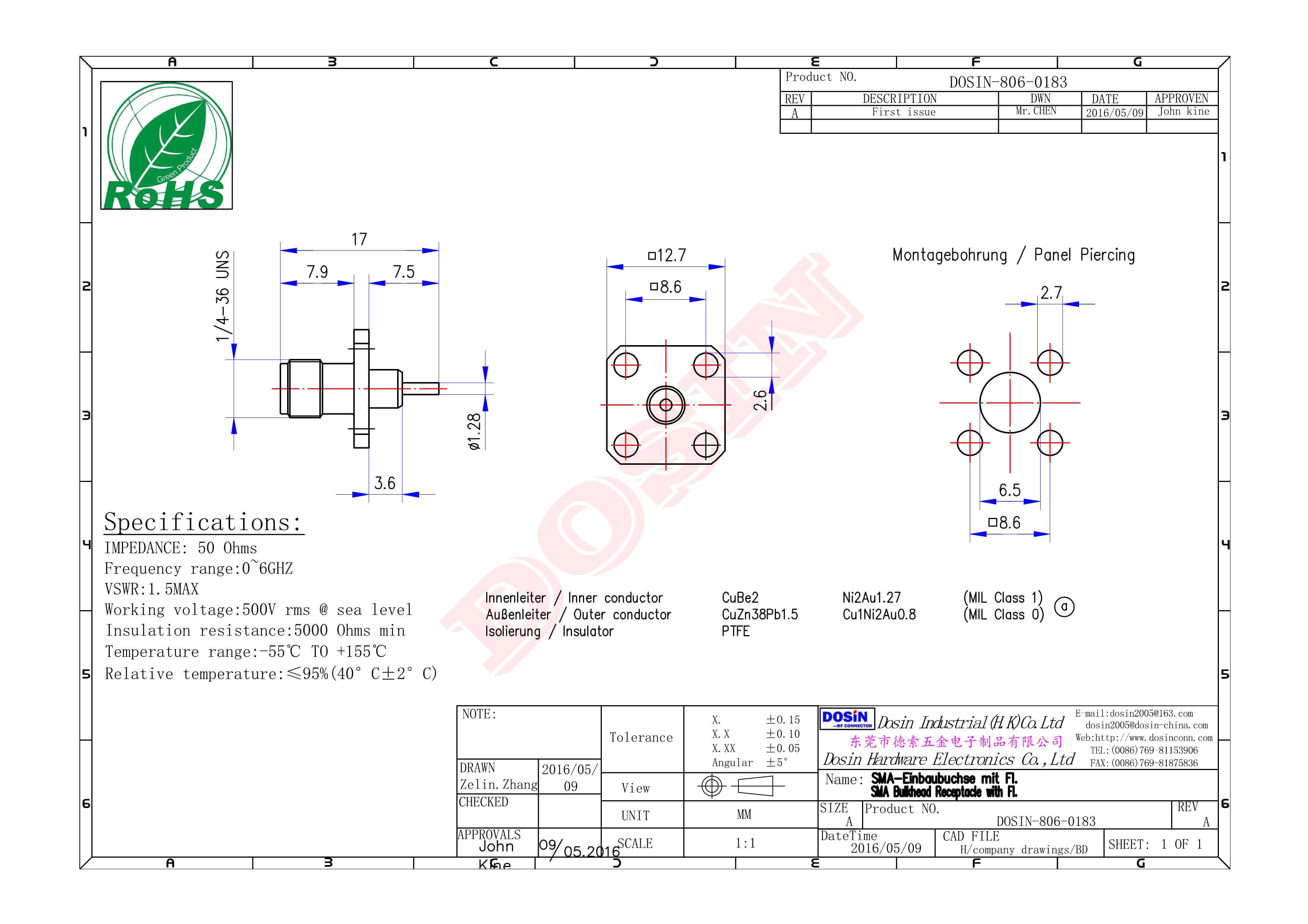 SMA接頭帶法蘭四孔母頭PTFE穿孔插板