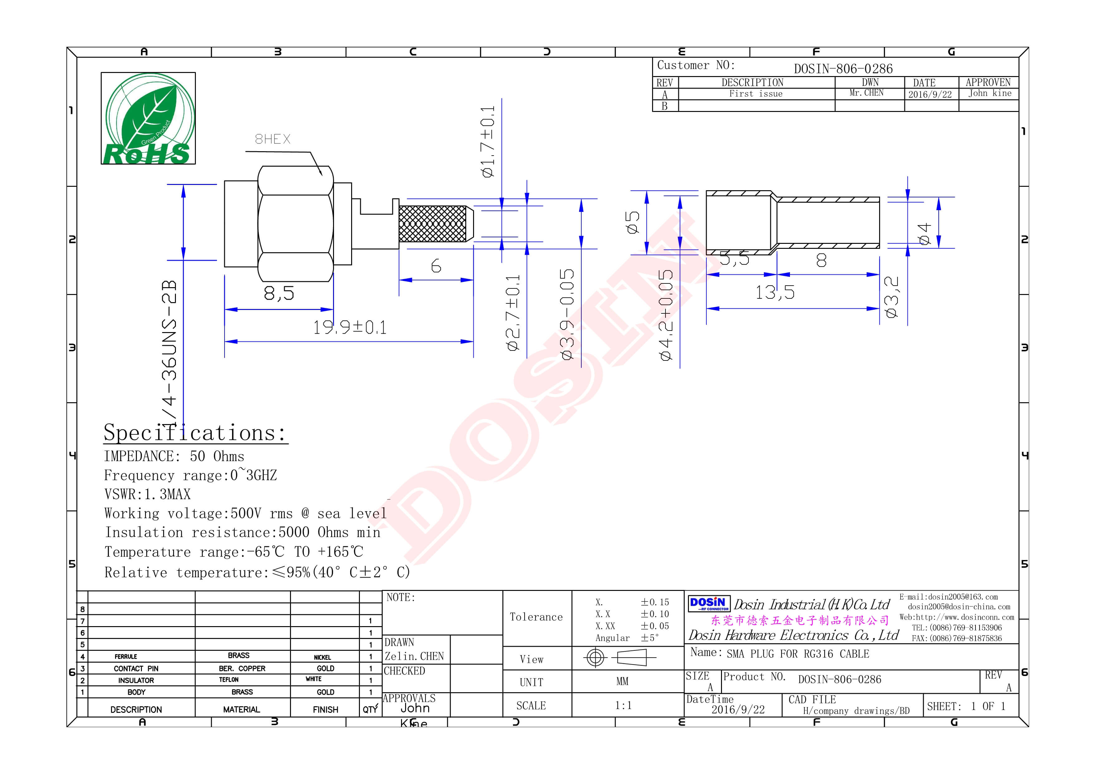 壓接SMA公頭直式鍍金開(kāi)天窗接同軸線纜
