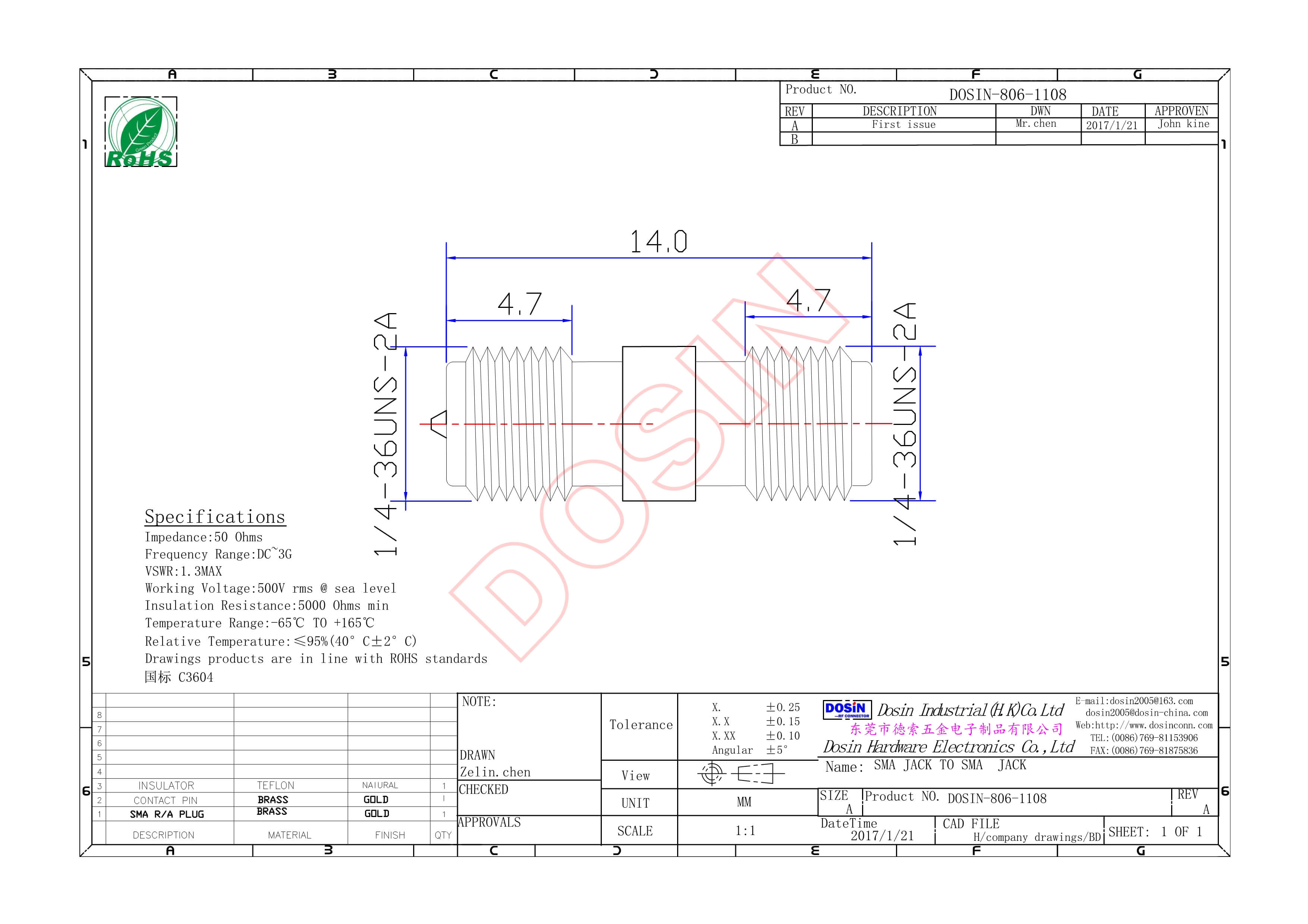 SMA射頻轉(zhuǎn)接頭直式母轉(zhuǎn)母反極鍍金