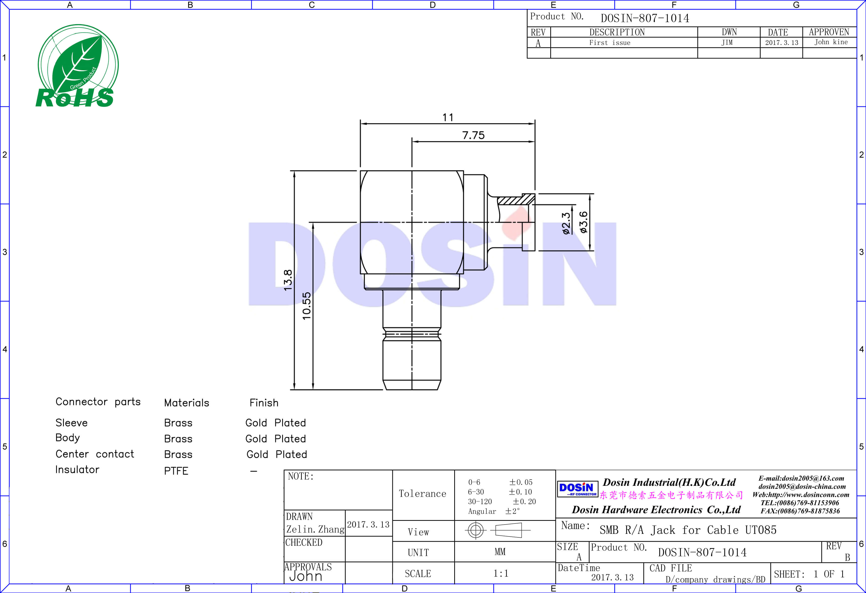 smb鍍金彎式射頻同軸連接器焊接線纜UT085