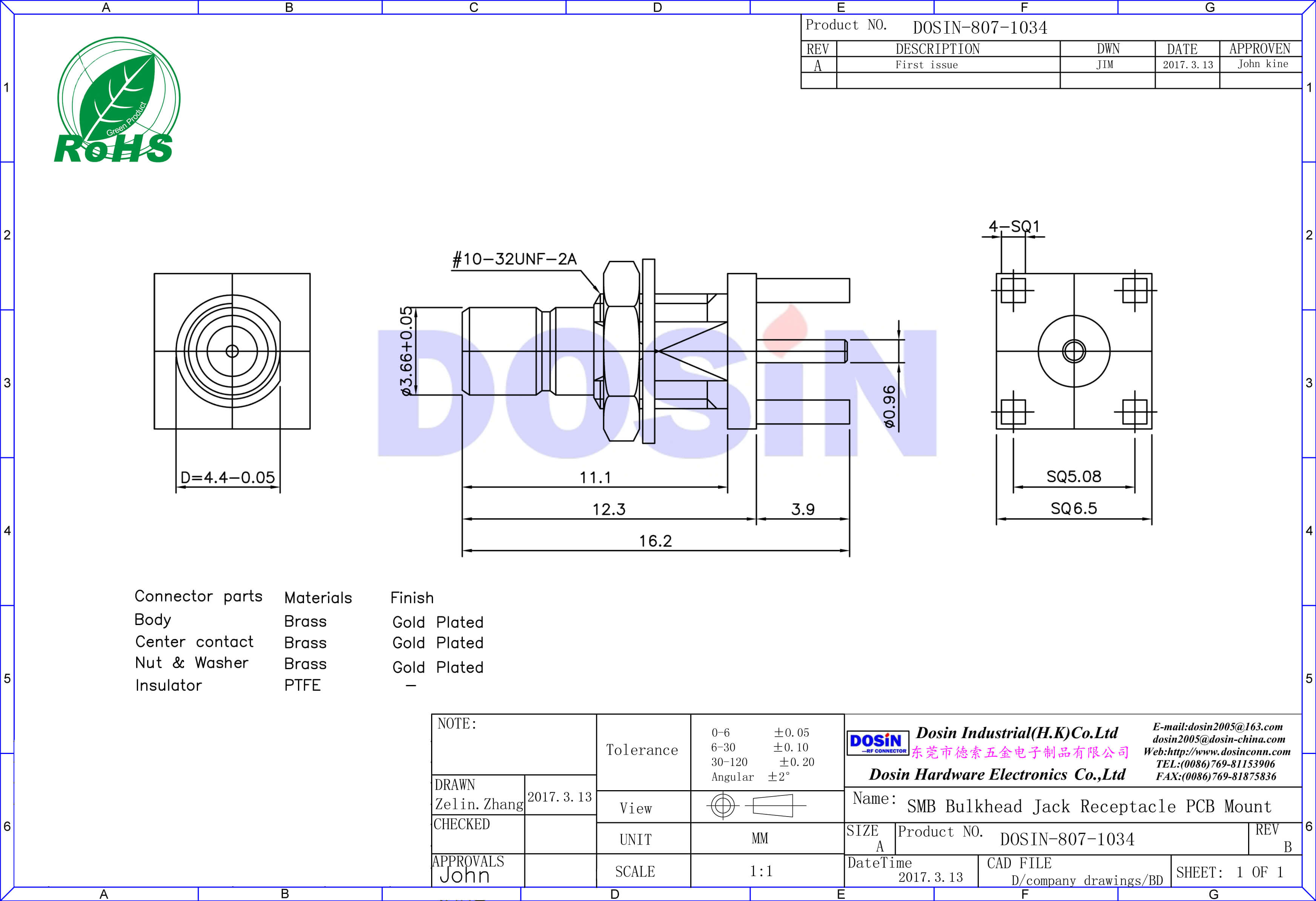 smb母頭鍍金穿墻接pcb板連接器