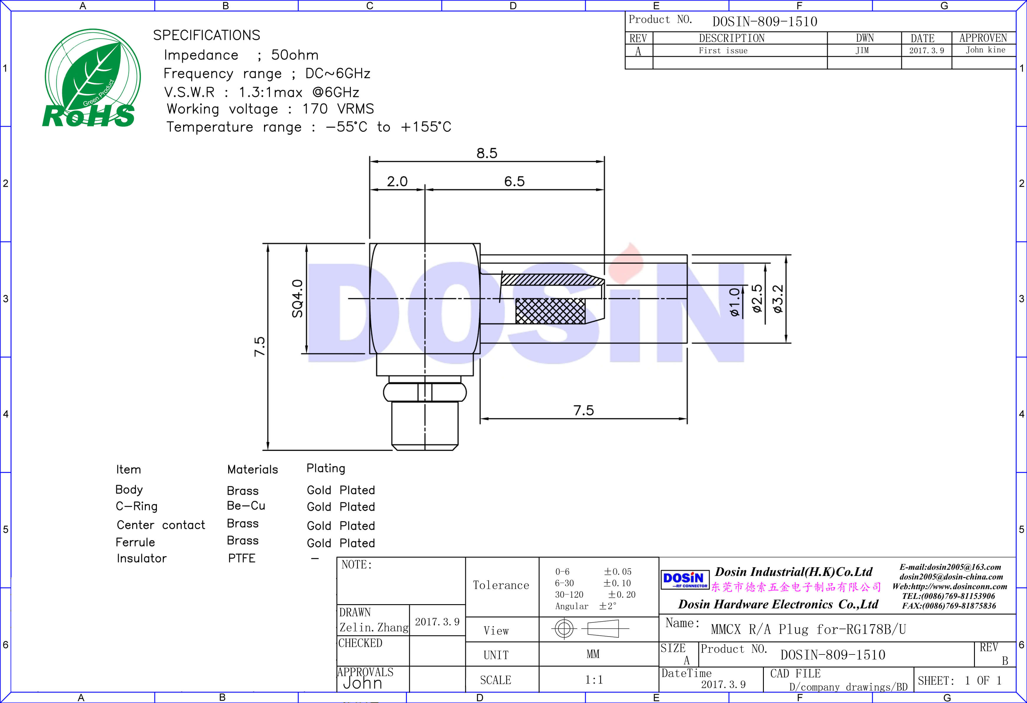 mmcx連接器彎式壓接公頭同軸線纜RG178B/U 