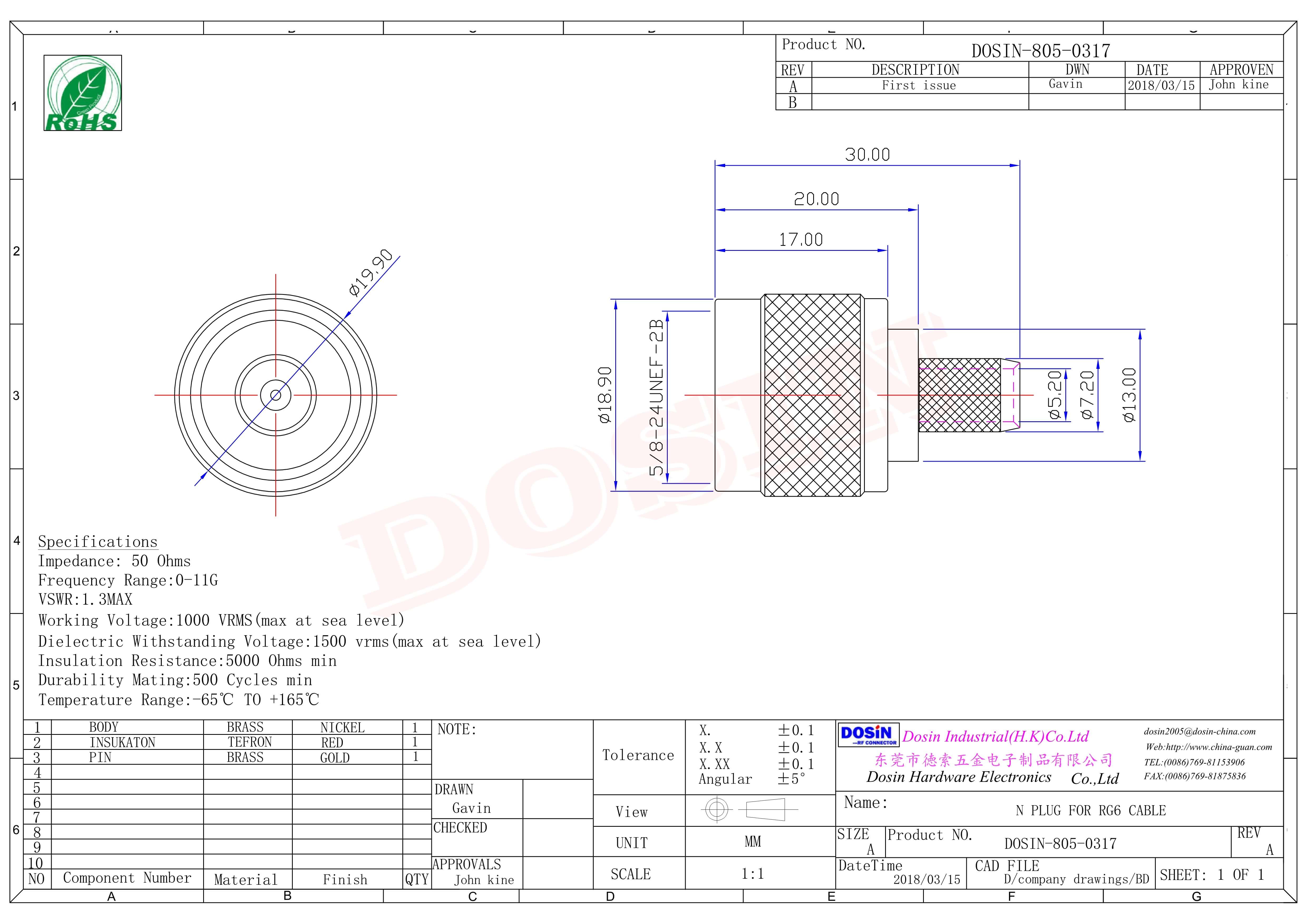 RF連接器N型壓接式母頭直式180度接同軸線纜RG6線