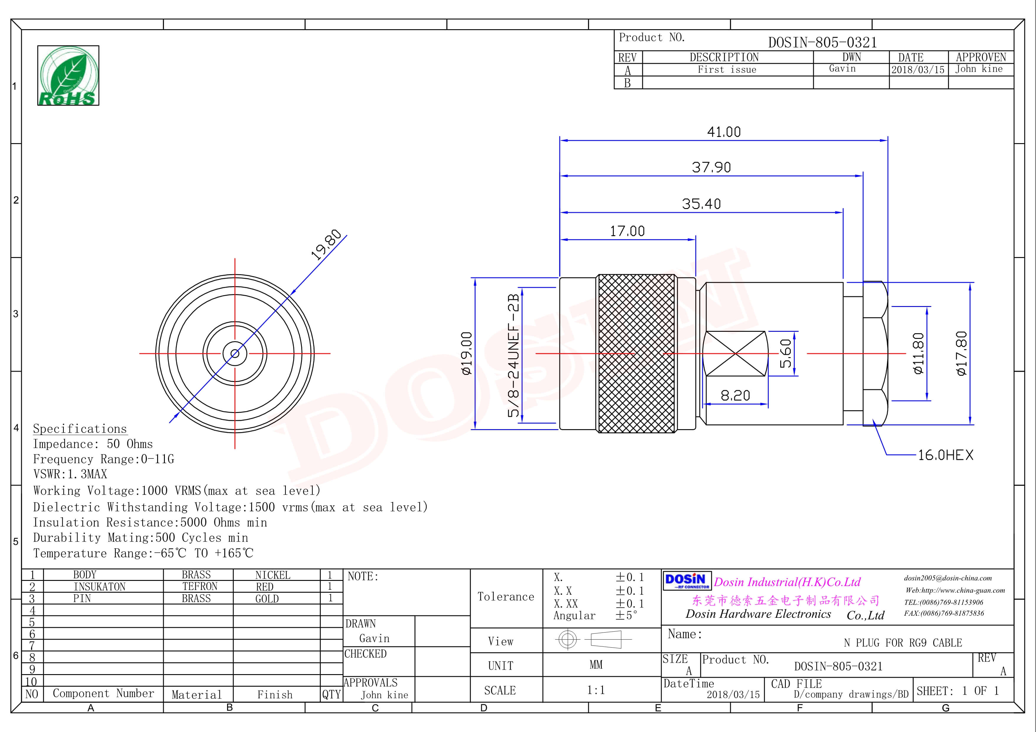 rf射頻同軸連接器直式公頭180度螺母鎖緊式接線
