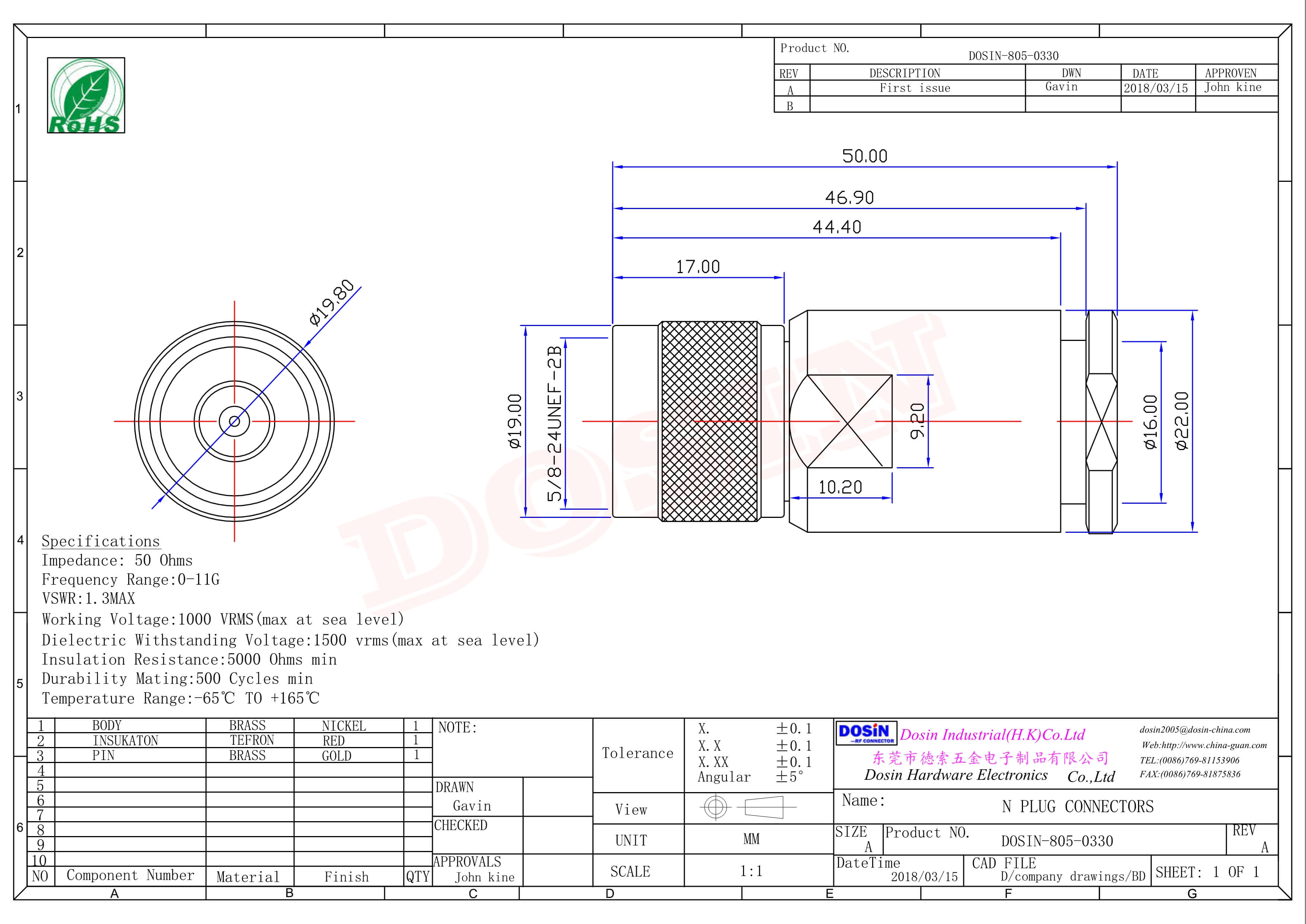 N同軸連接器公頭直式螺母鎖緊接線