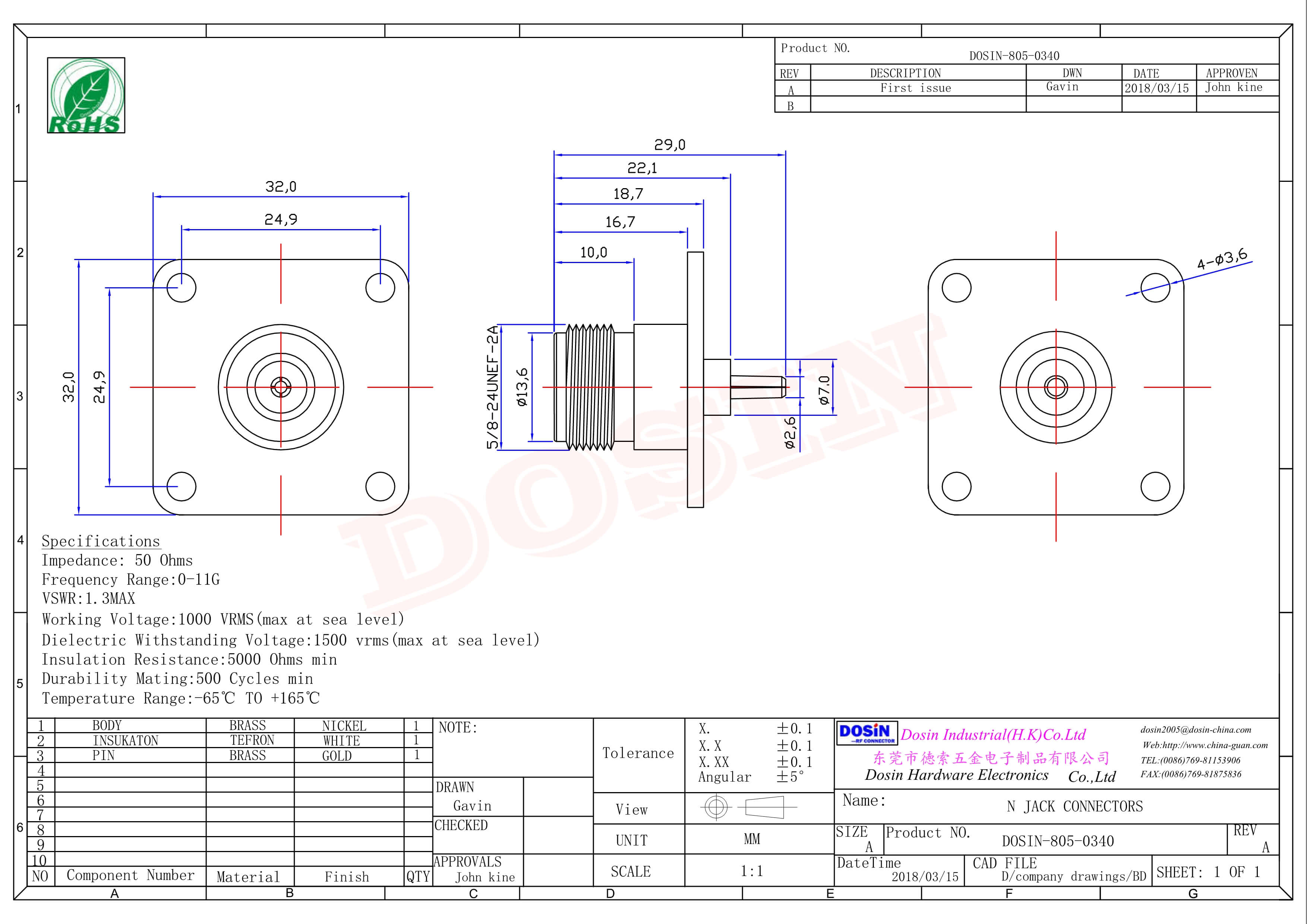 法蘭n型射頻接頭母頭直式4孔法蘭面板安裝